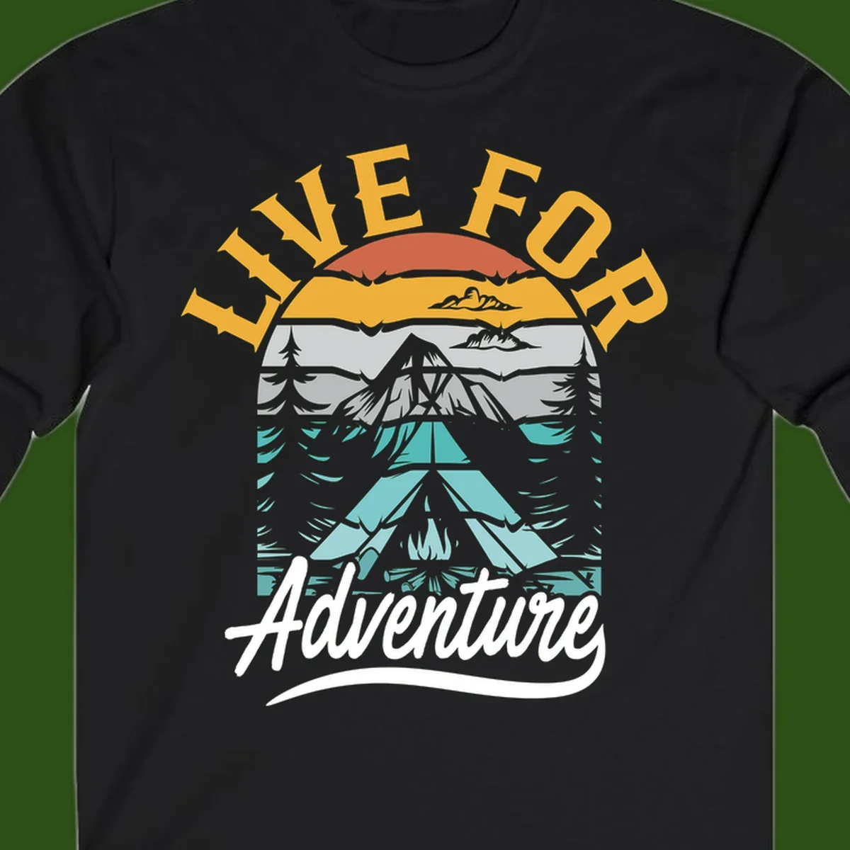 Live for adventure mountain landscape design with layered peaks, camping tent, forests, and golden sun rays.