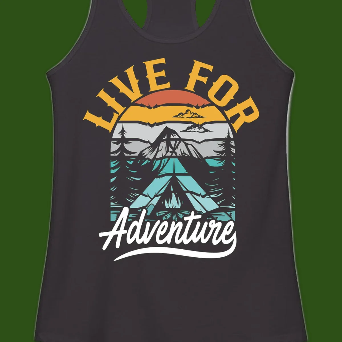 Live for adventure mountain landscape design with layered peaks, camping tent, forests, and golden sun rays.