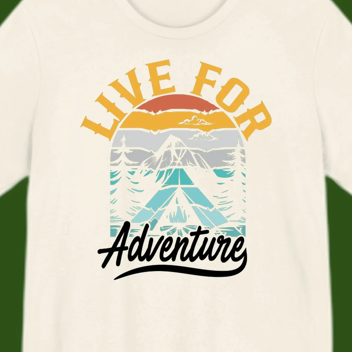 Live for adventure mountain landscape design with layered peaks, camping tent, forests, and golden sun rays.