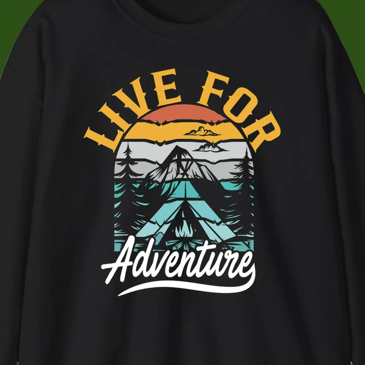 Live for adventure mountain landscape design with layered peaks, camping tent, forests, and golden sun rays.