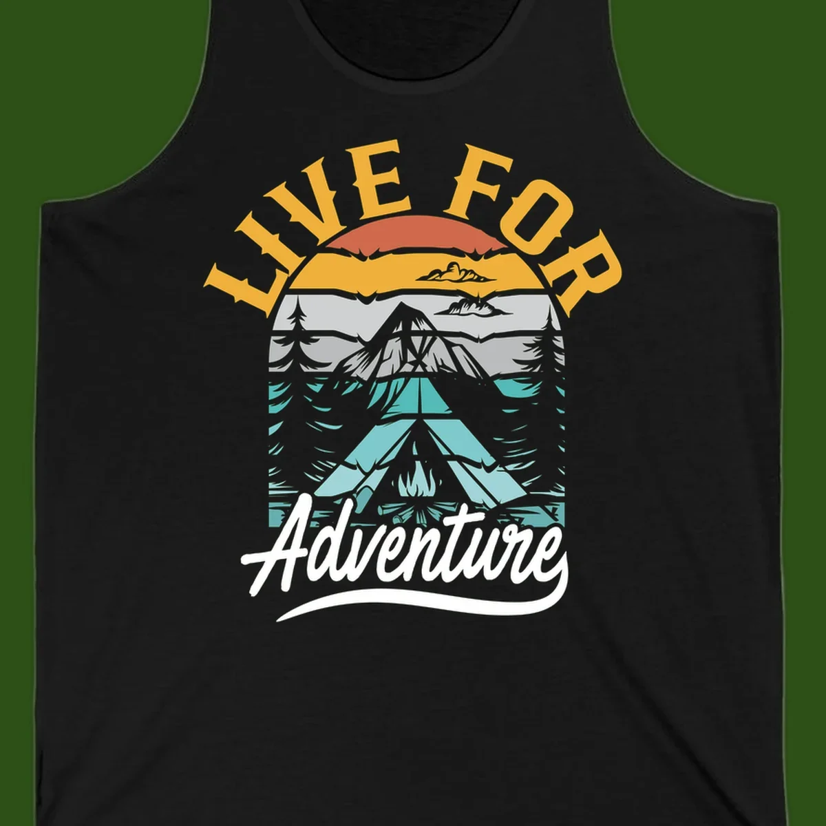 Live for adventure mountain landscape design with layered peaks, camping tent, forests, and golden sun rays.