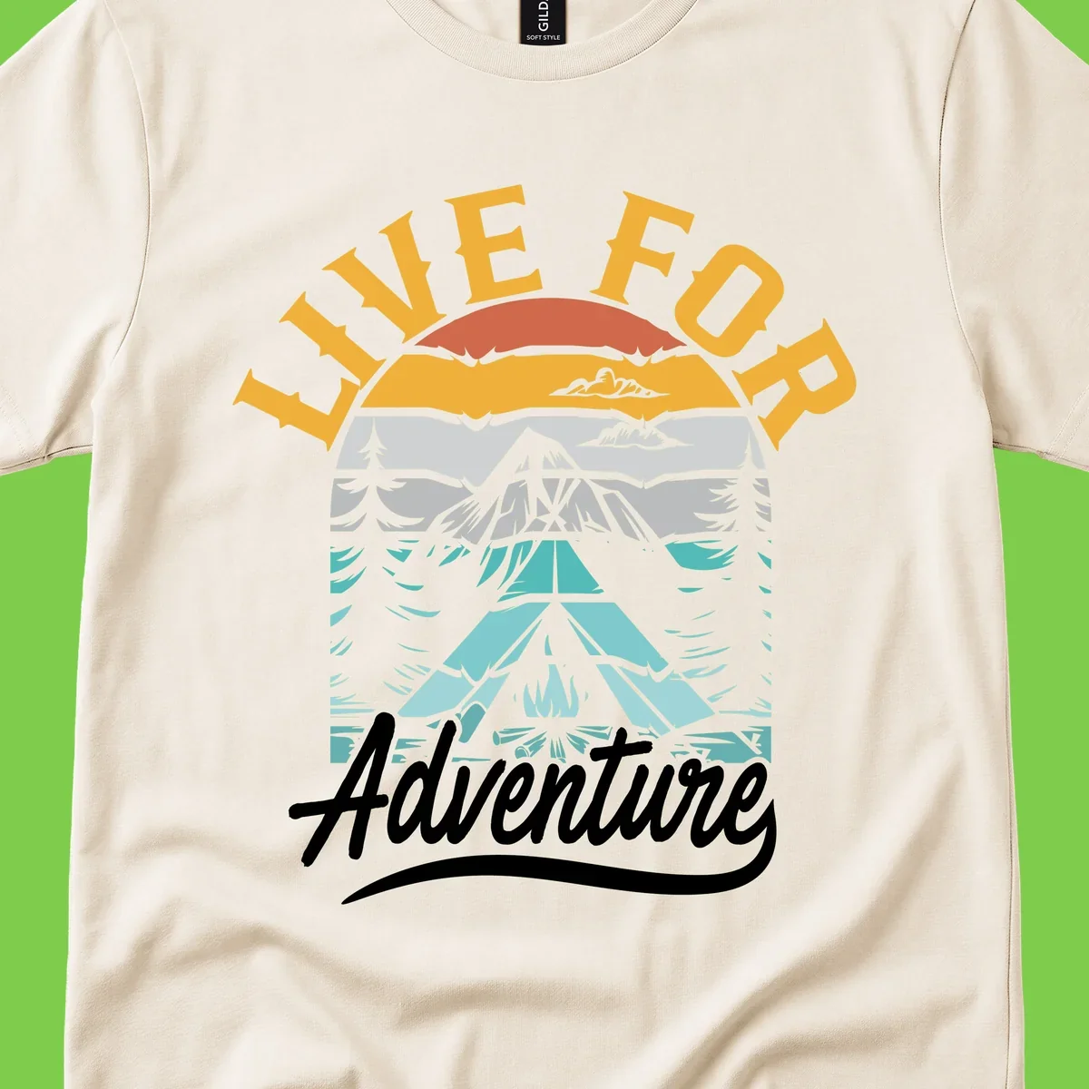 Live for adventure mountain landscape design with layered peaks, camping tent, forests, and golden sun rays.