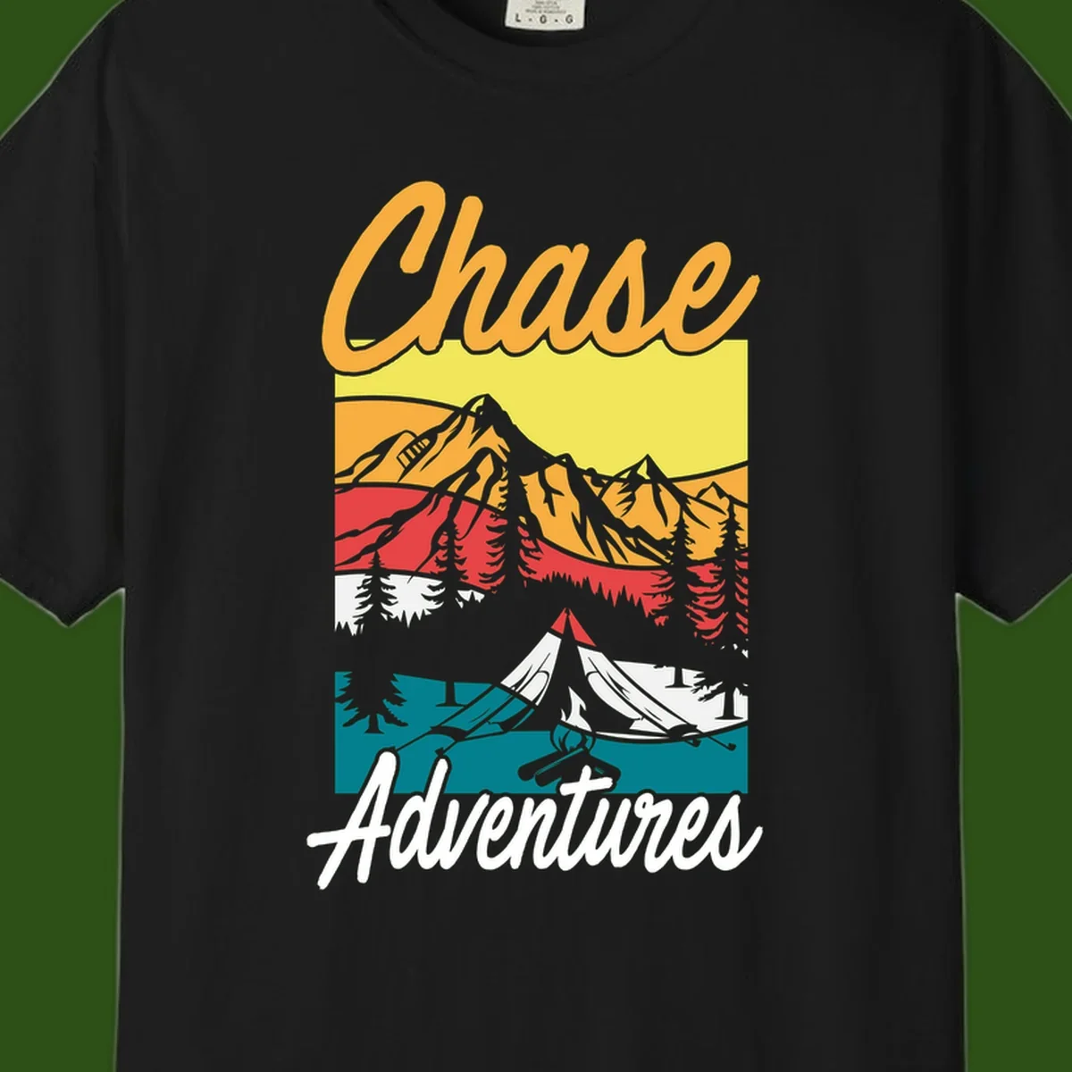 Retro-style chase adventures camping design with layered mountains, tent, campfire, and pine trees in warm oranges and cool teals.