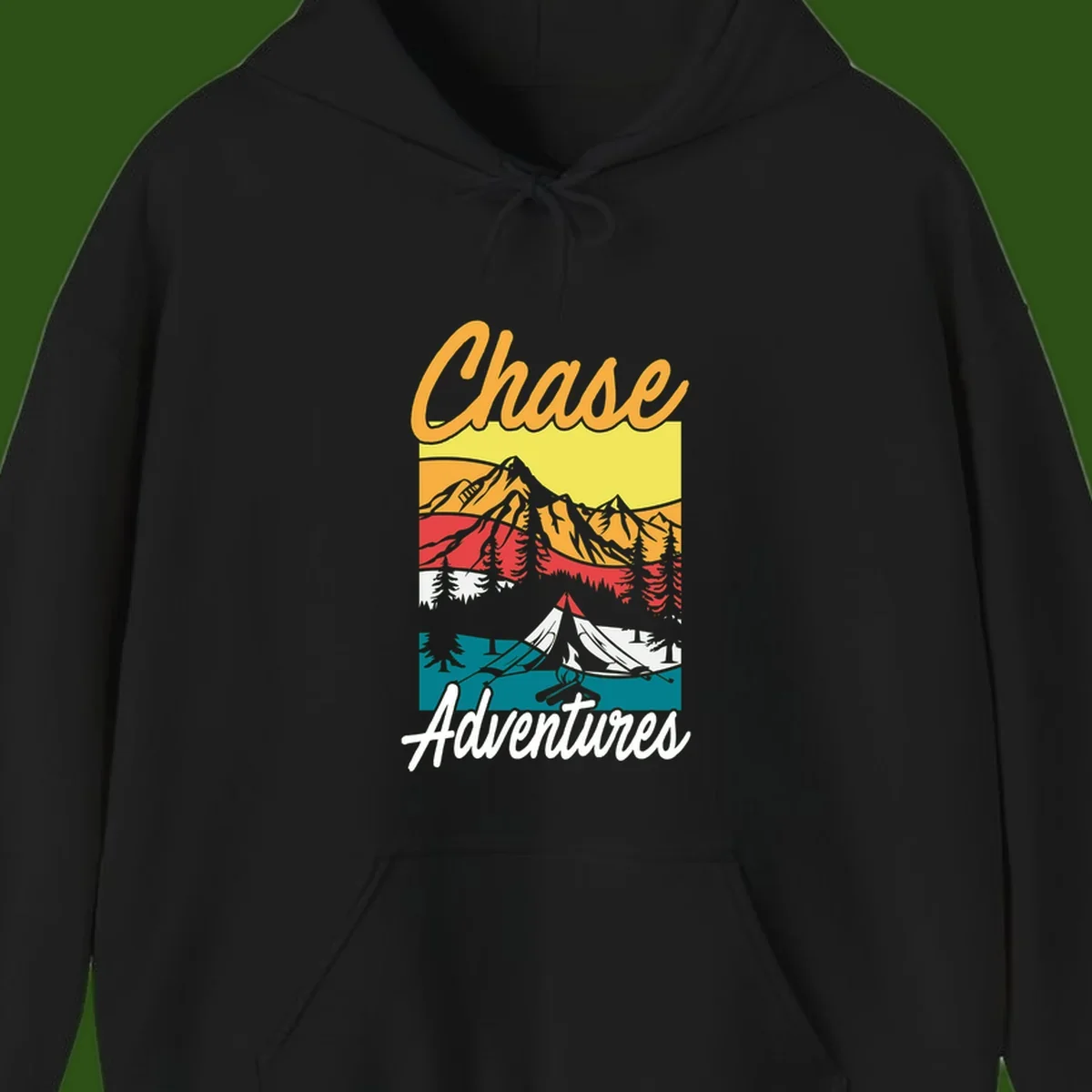 Retro-style chase adventures camping design with layered mountains, tent, campfire, and pine trees in warm oranges and cool teals.