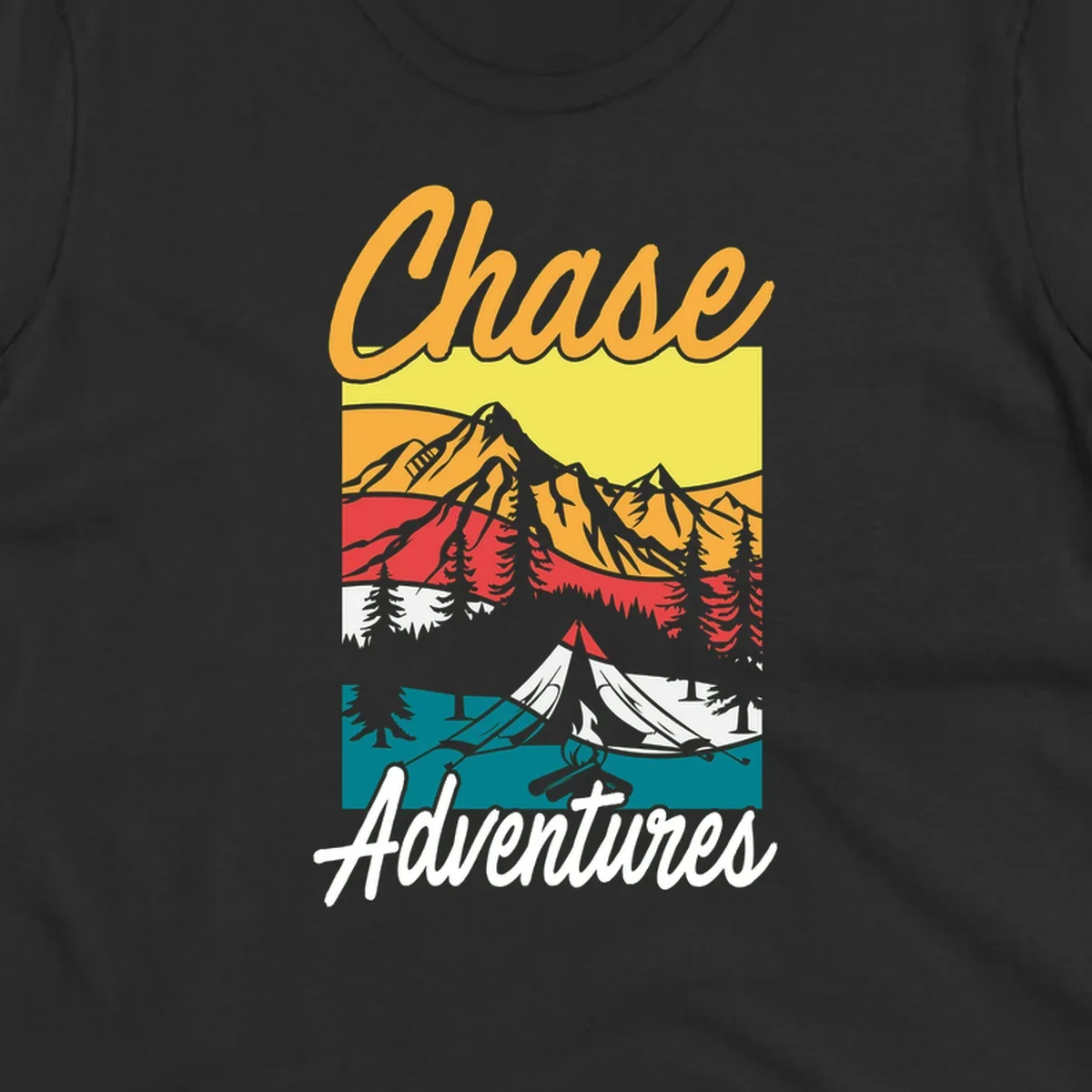 Retro-style chase adventures camping design with layered mountains, tent, campfire, and pine trees in warm oranges and cool teals.