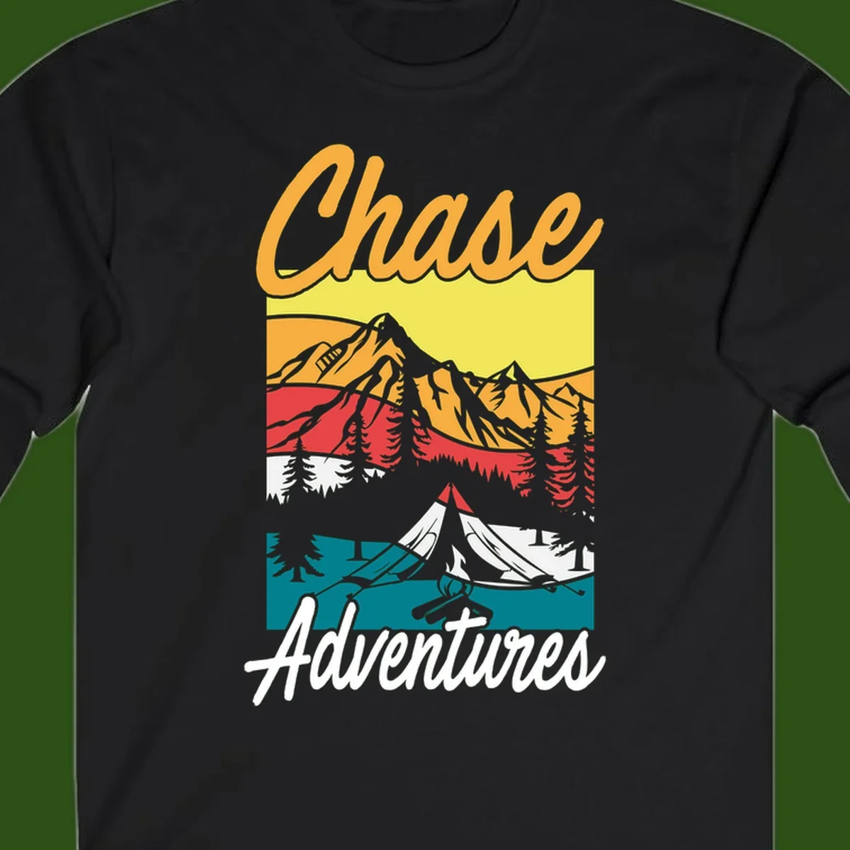 Retro-style chase adventures camping design with layered mountains, tent, campfire, and pine trees in warm oranges and cool teals.