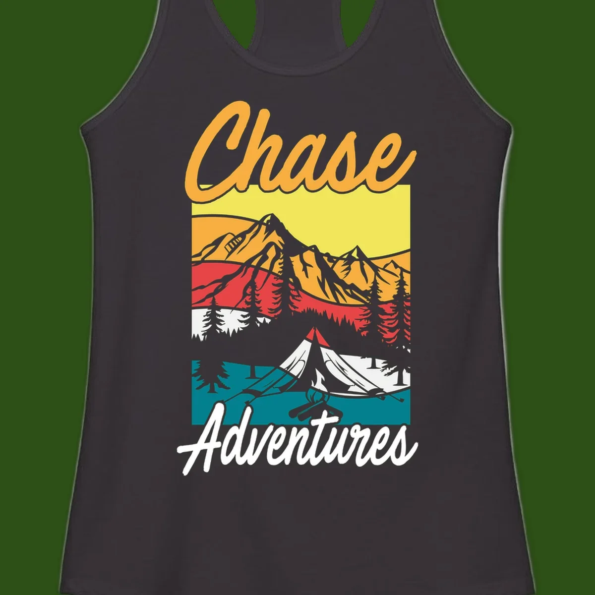 Retro-style chase adventures camping design with layered mountains, tent, campfire, and pine trees in warm oranges and cool teals.