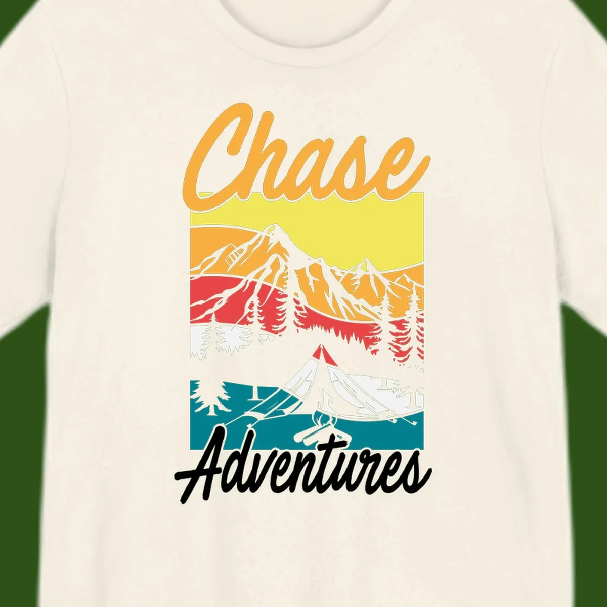 Retro-style chase adventures camping design with layered mountains, tent, campfire, and pine trees in warm oranges and cool teals.