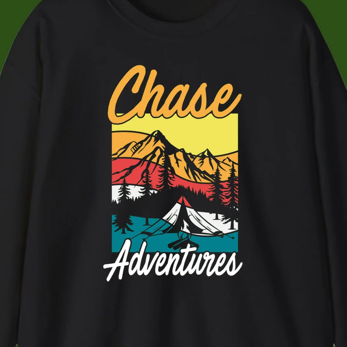 Retro-style chase adventures camping design with layered mountains, tent, campfire, and pine trees in warm oranges and cool teals.