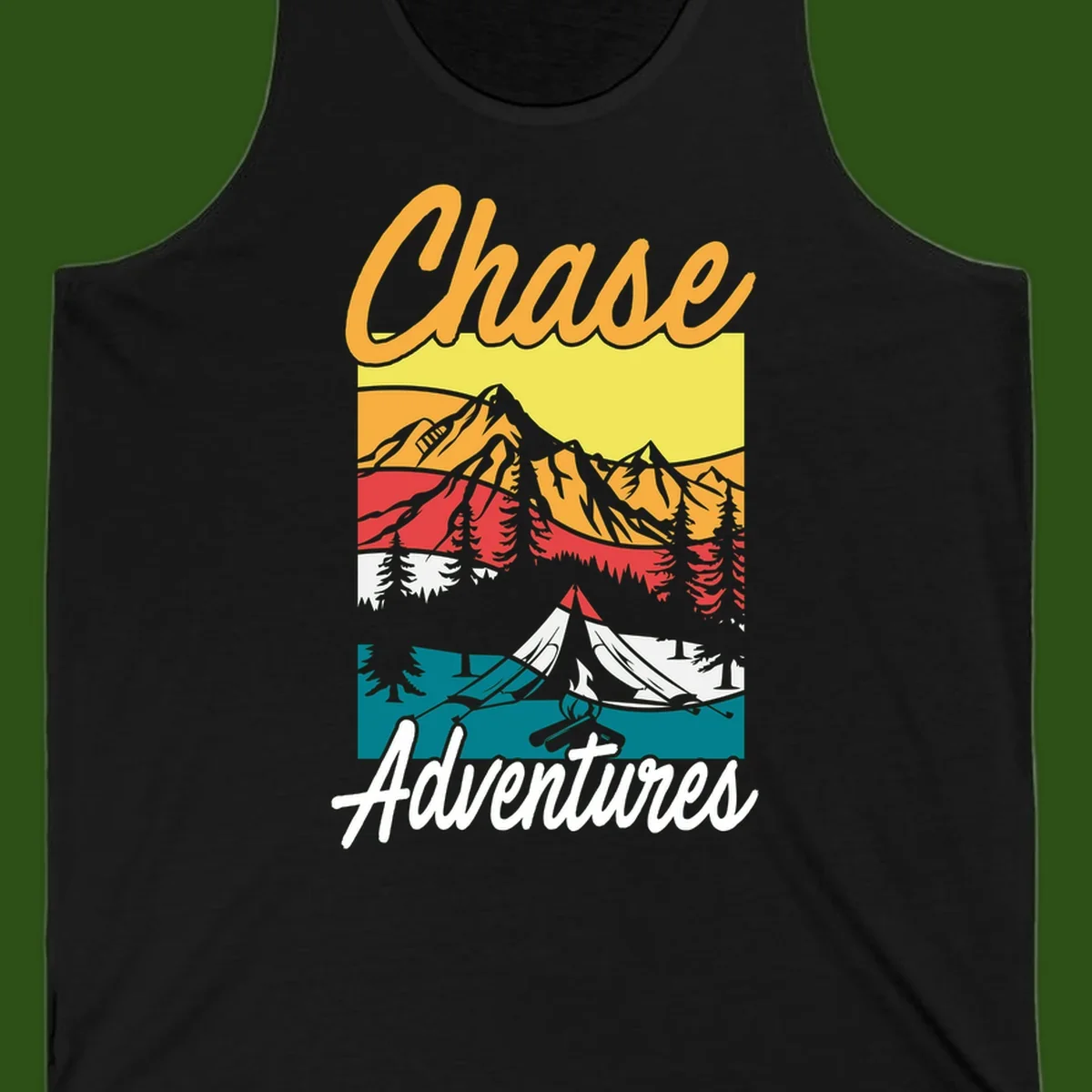 Retro-style chase adventures camping design with layered mountains, tent, campfire, and pine trees in warm oranges and cool teals.