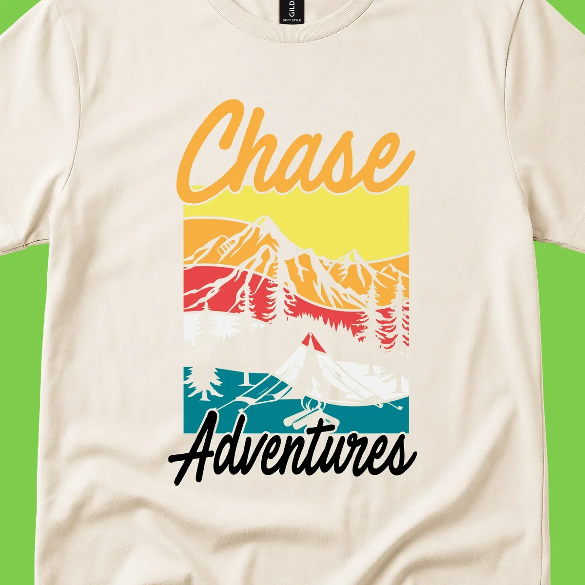 Retro-style chase adventures camping design with layered mountains, tent, campfire, and pine trees in warm oranges and cool teals.