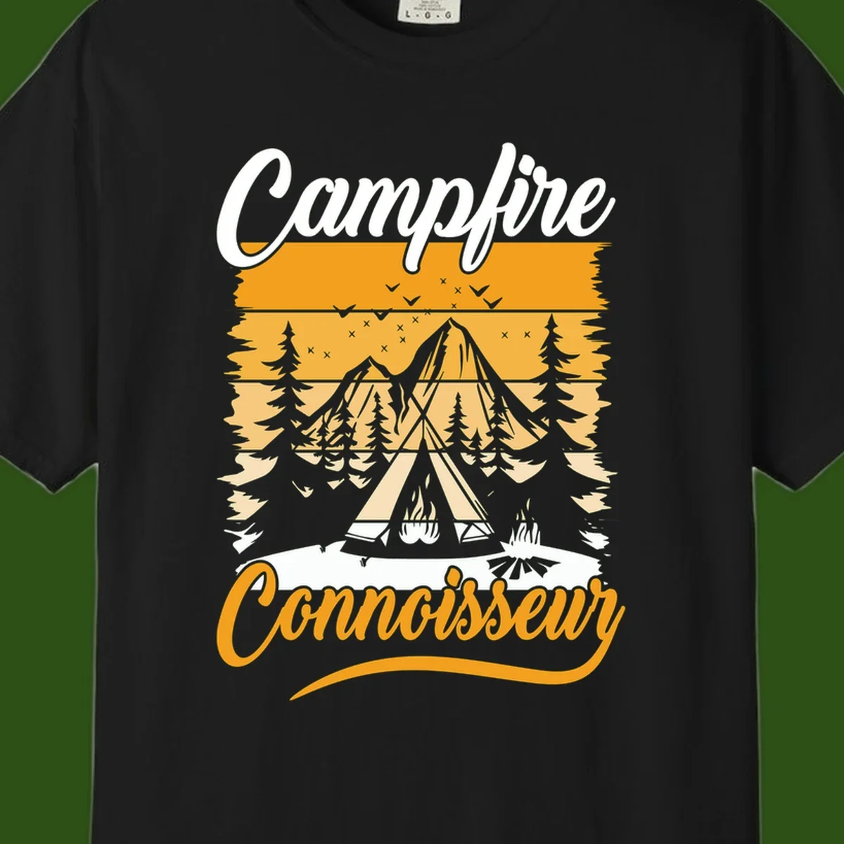 Campfire connoisseur design showing a tent with glowing fire, trees, and mountain under starry sky in warm golden tones
