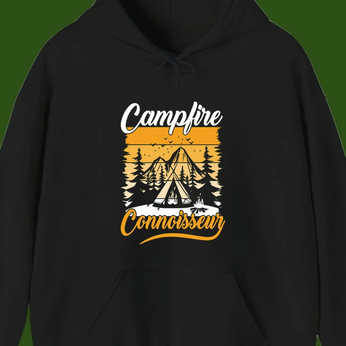 Campfire connoisseur design showing a tent with glowing fire, trees, and mountain under starry sky in warm golden tones