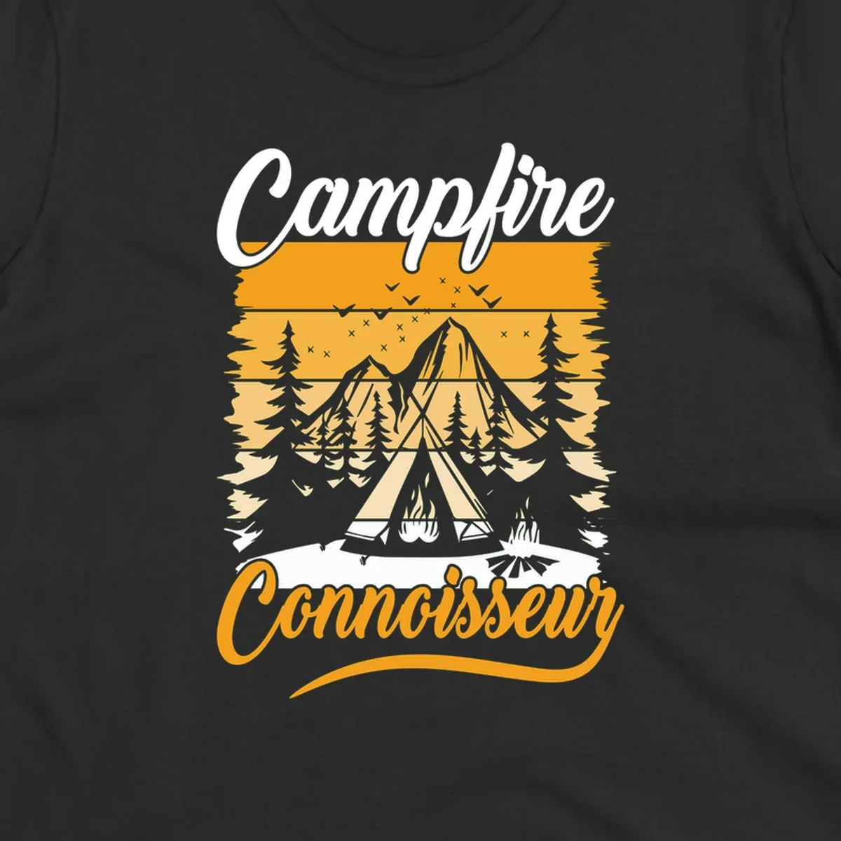 Campfire connoisseur design showing a tent with glowing fire, trees, and mountain under starry sky in warm golden tones