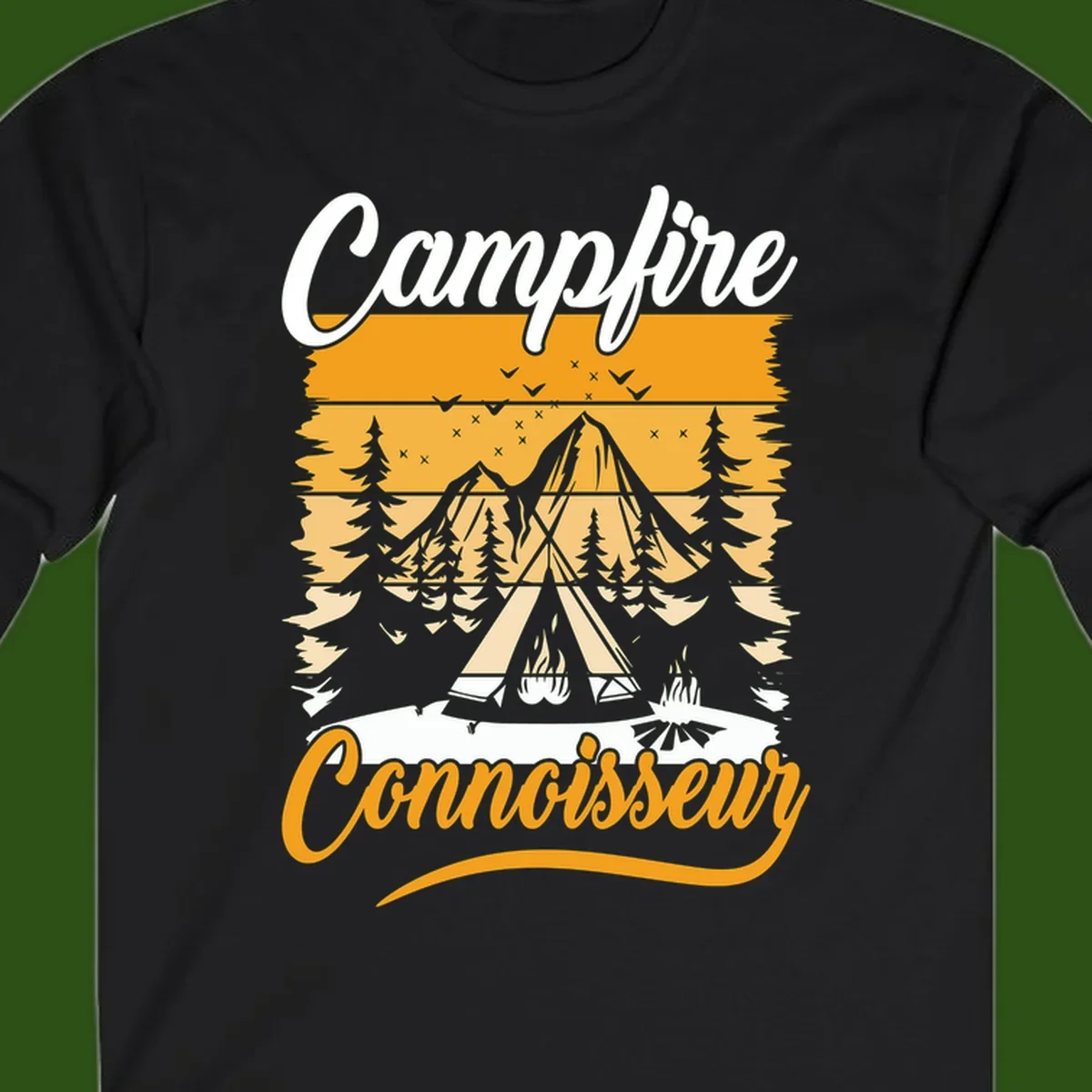 Campfire connoisseur design showing a tent with glowing fire, trees, and mountain under starry sky in warm golden tones