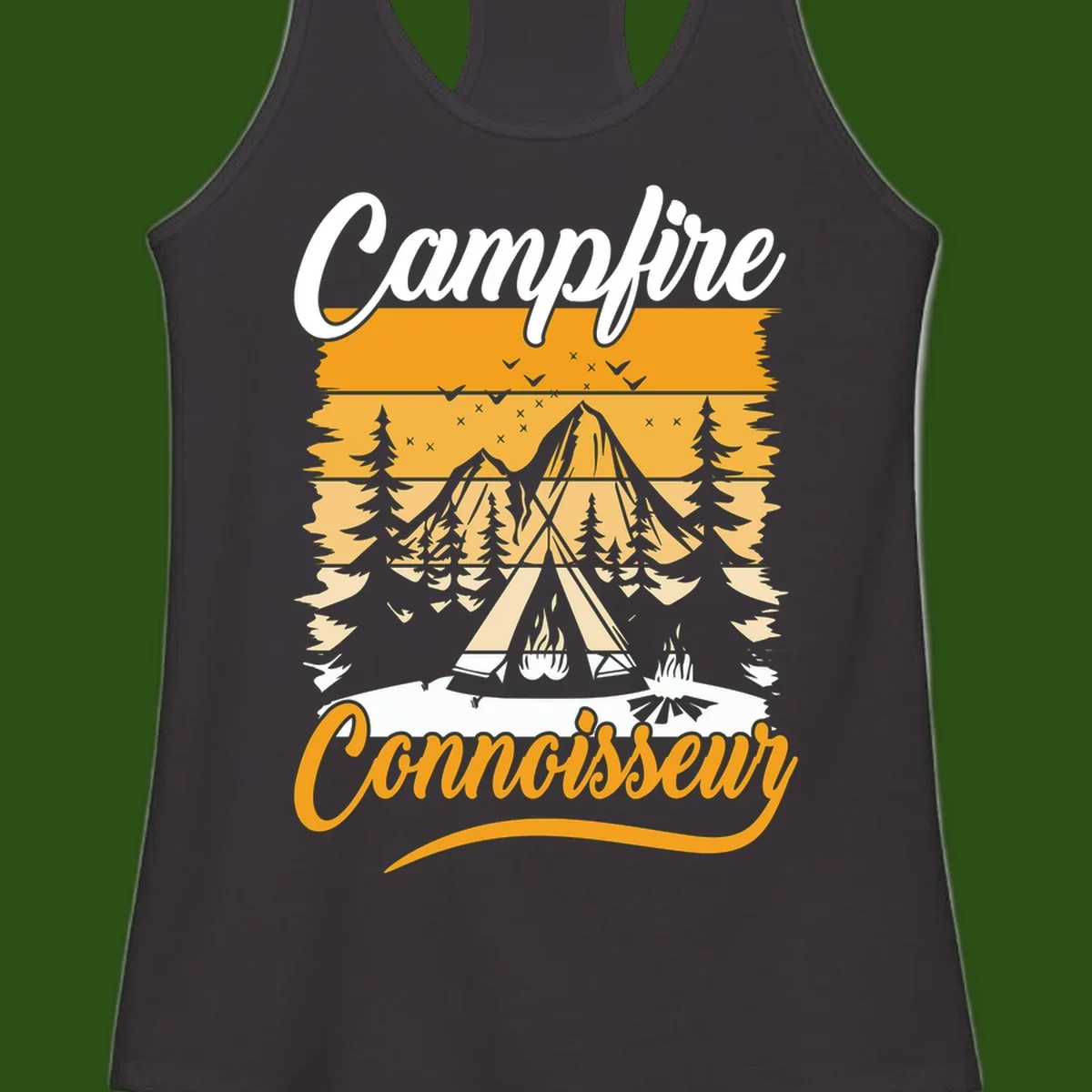 Campfire connoisseur design showing a tent with glowing fire, trees, and mountain under starry sky in warm golden tones