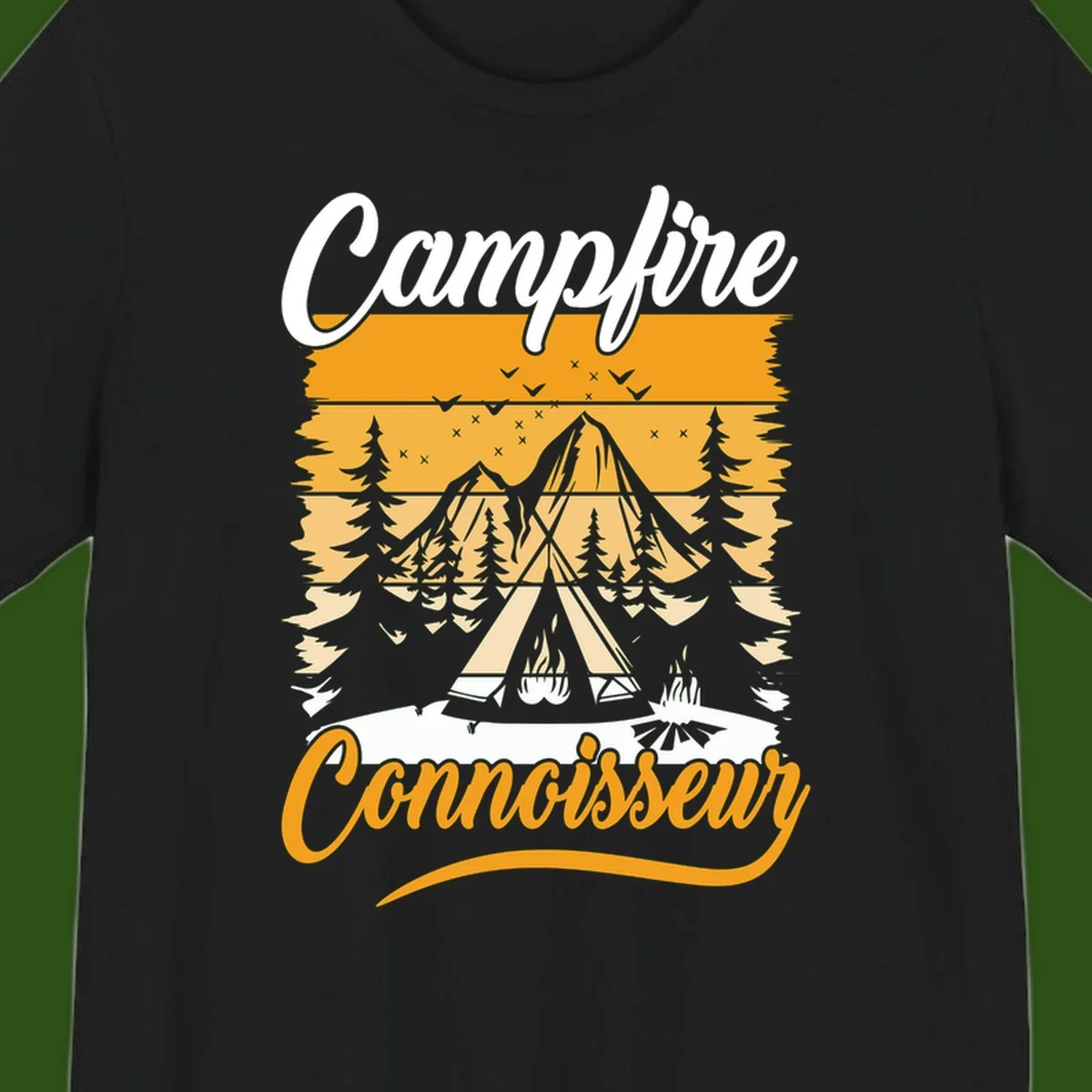 Campfire connoisseur design showing a tent with glowing fire, trees, and mountain under starry sky in warm golden tones