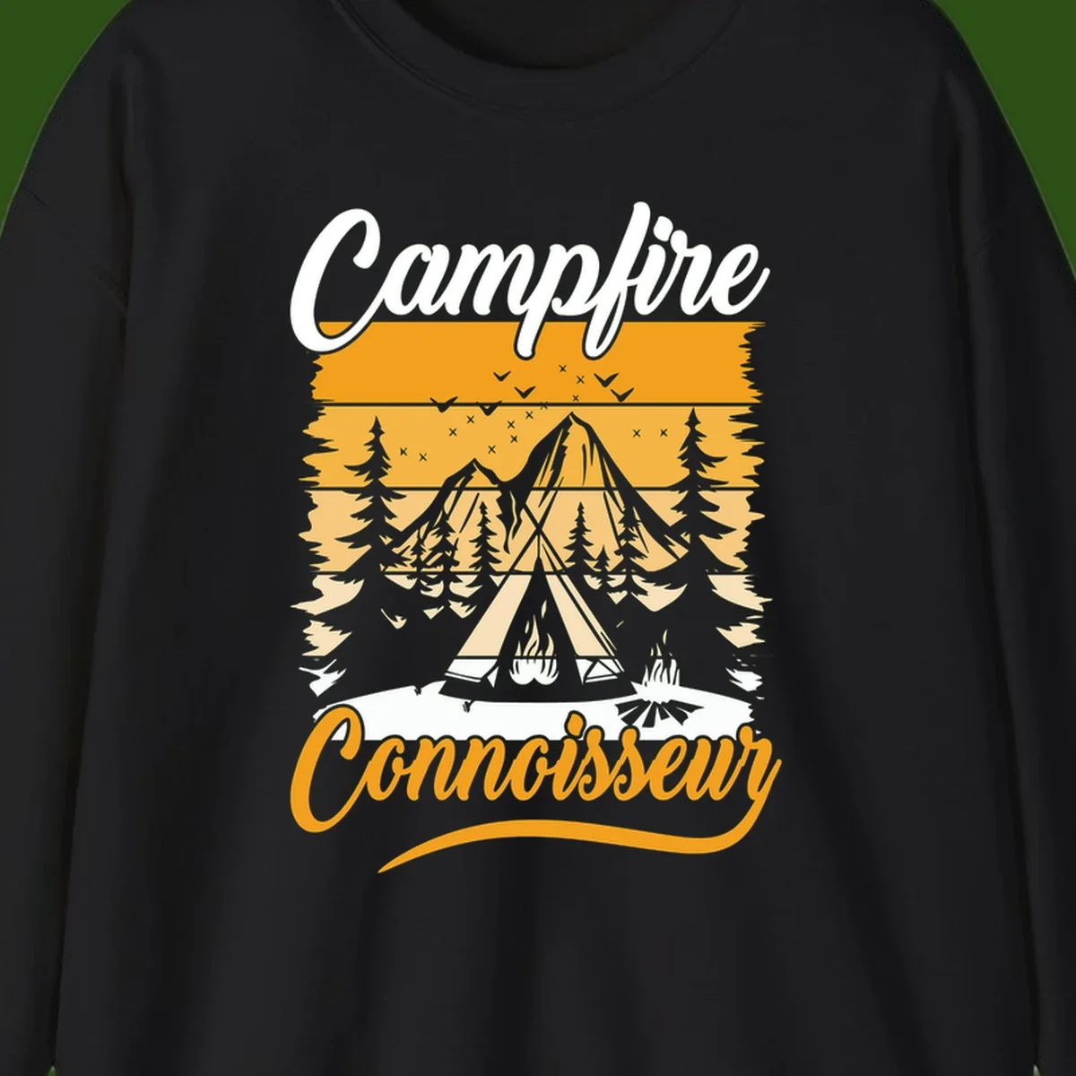 Campfire connoisseur design showing a tent with glowing fire, trees, and mountain under starry sky in warm golden tones