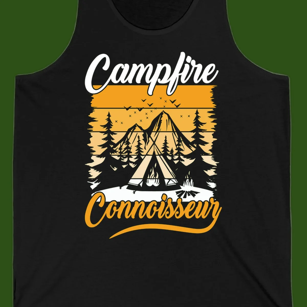 Campfire connoisseur design showing a tent with glowing fire, trees, and mountain under starry sky in warm golden tones
