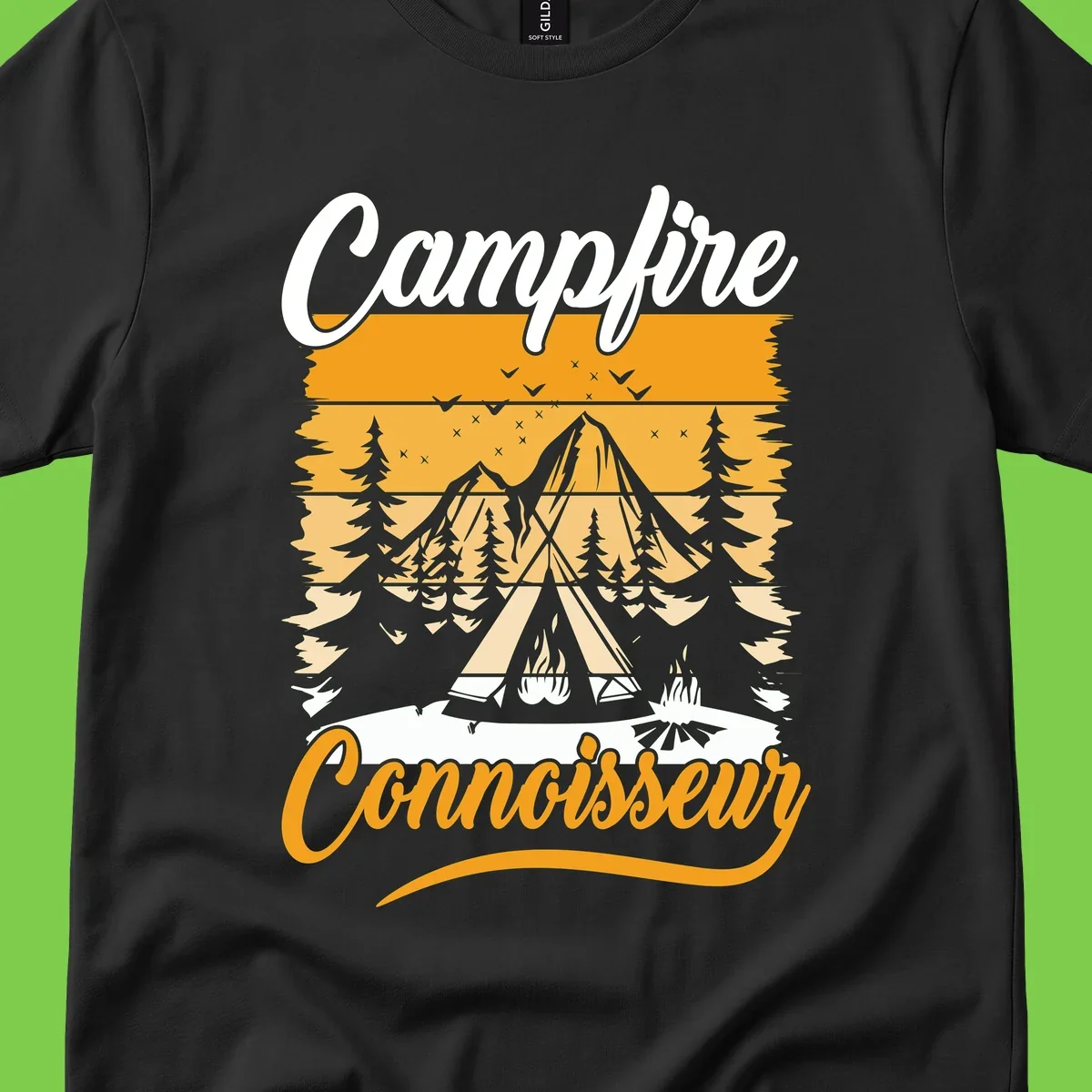 Campfire connoisseur design showing a tent with glowing fire, trees, and mountain under starry sky in warm golden tones