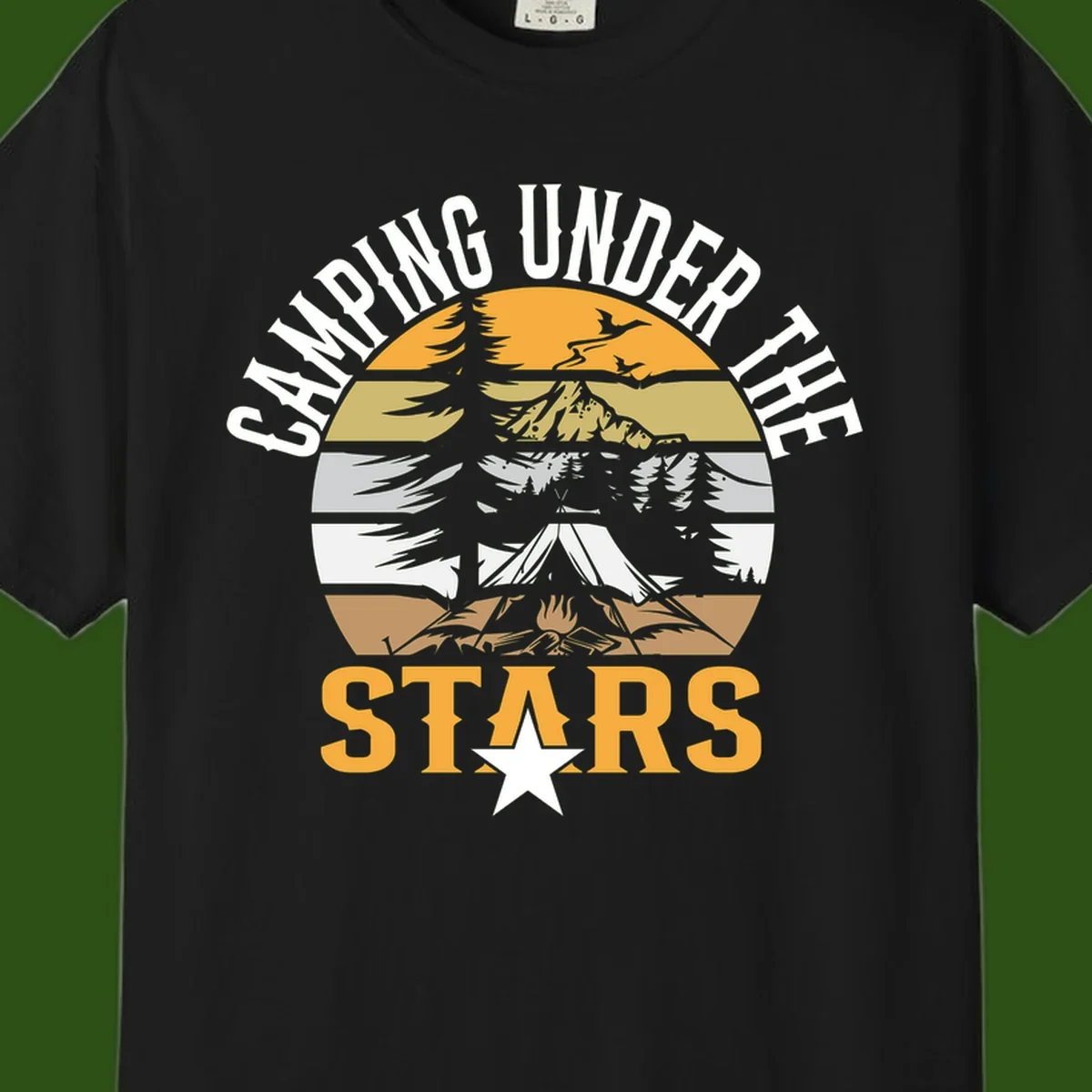 Circular camping badge design with tent, campfire, mountains, and forest under a golden sun, text reads 'Camping Under The Stars'