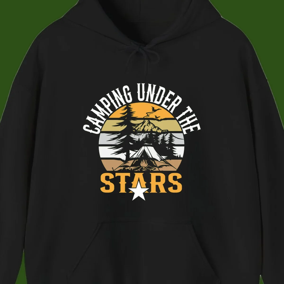 Circular camping badge design with tent, campfire, mountains, and forest under a golden sun, text reads 'Camping Under The Stars'