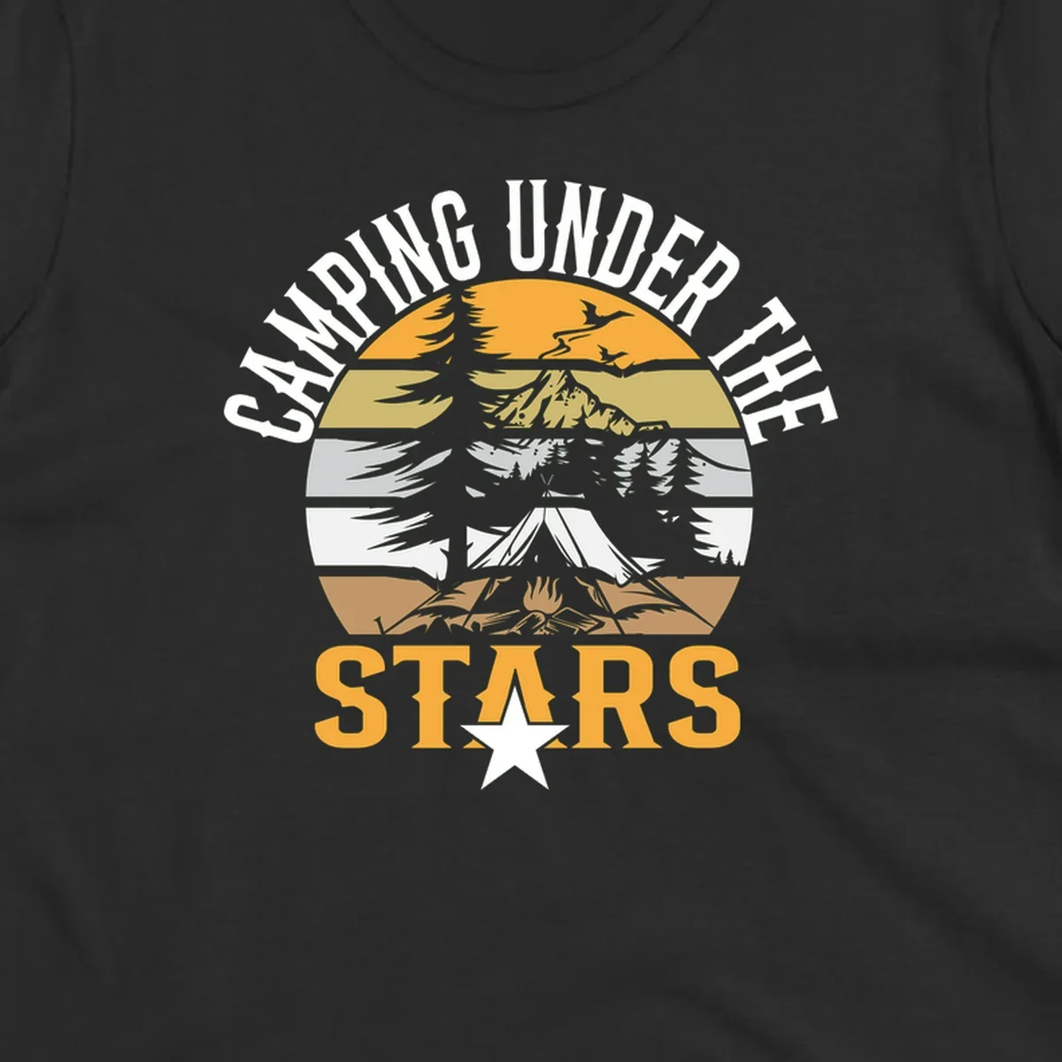 Circular camping badge design with tent, campfire, mountains, and forest under a golden sun, text reads 'Camping Under The Stars'