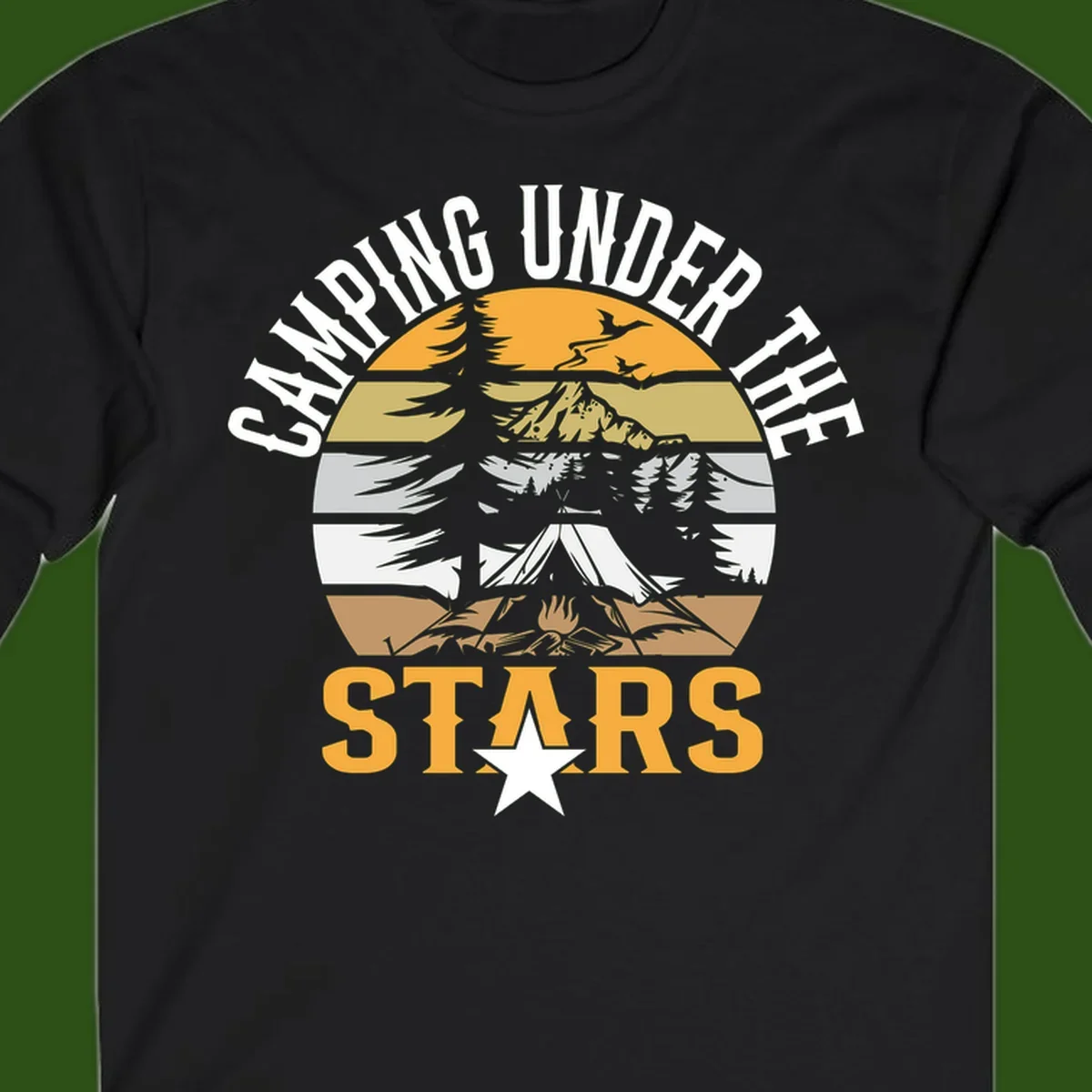 Circular camping badge design with tent, campfire, mountains, and forest under a golden sun, text reads 'Camping Under The Stars'