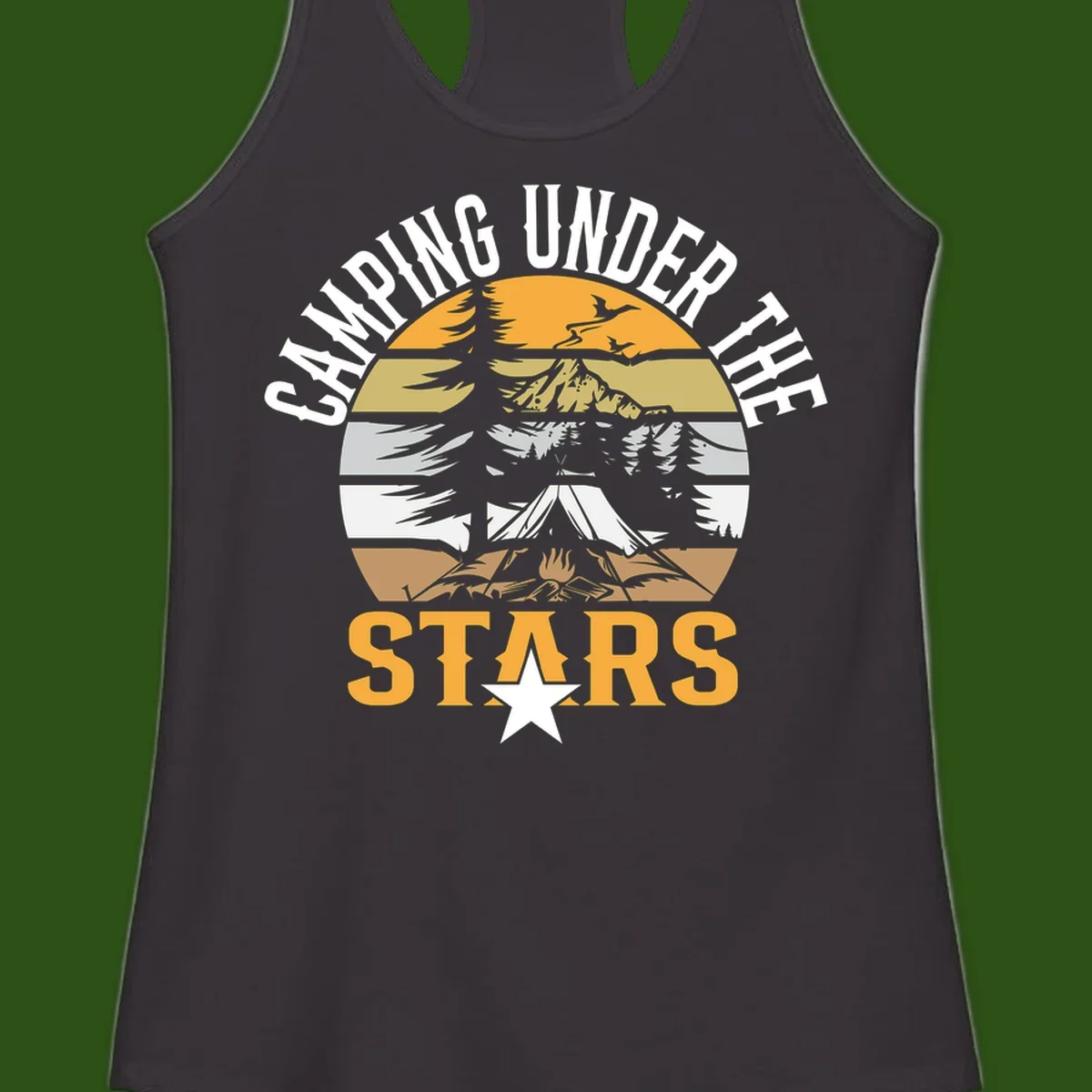 Circular camping badge design with tent, campfire, mountains, and forest under a golden sun, text reads 'Camping Under The Stars'