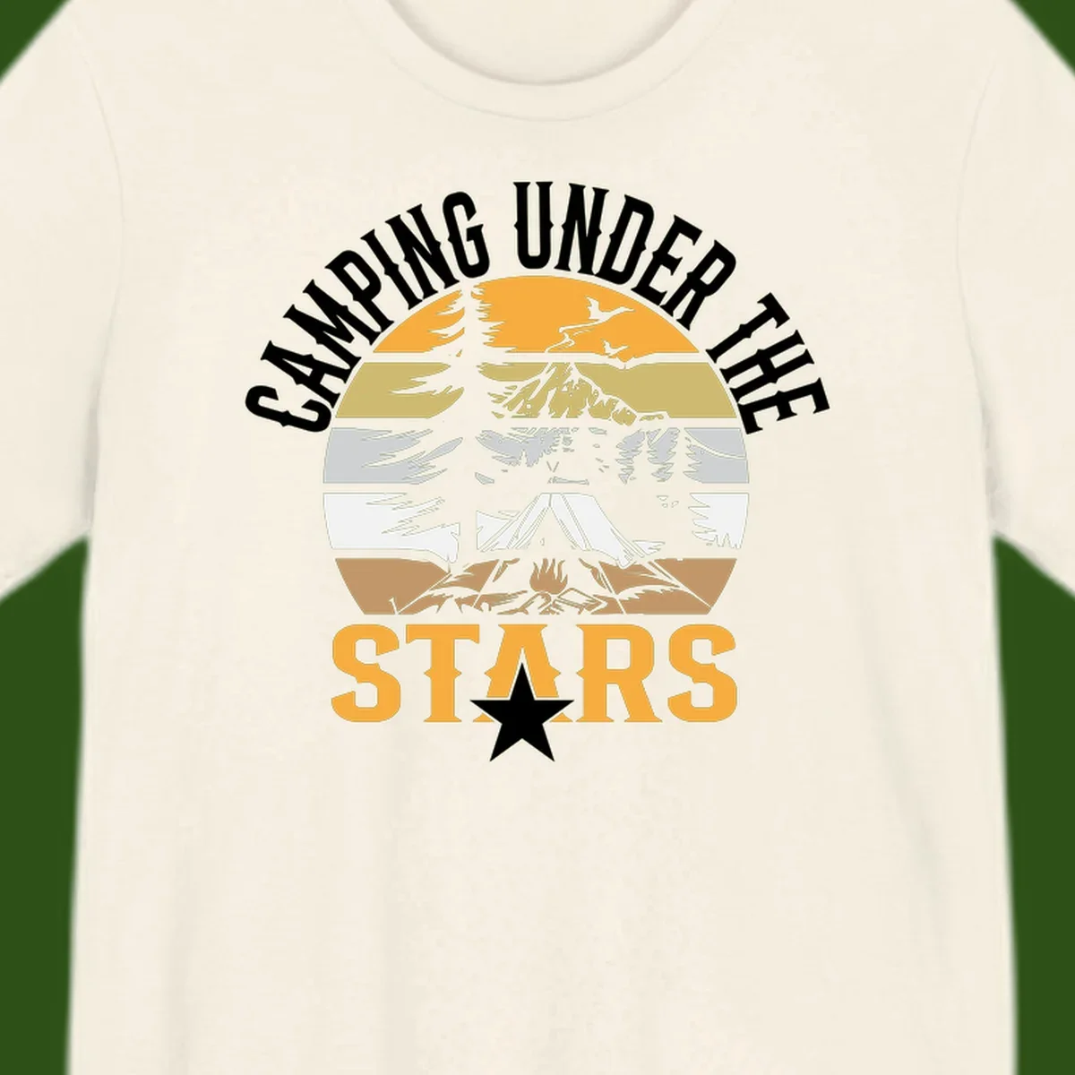 Circular camping badge design with tent, campfire, mountains, and forest under a golden sun, text reads 'Camping Under The Stars'