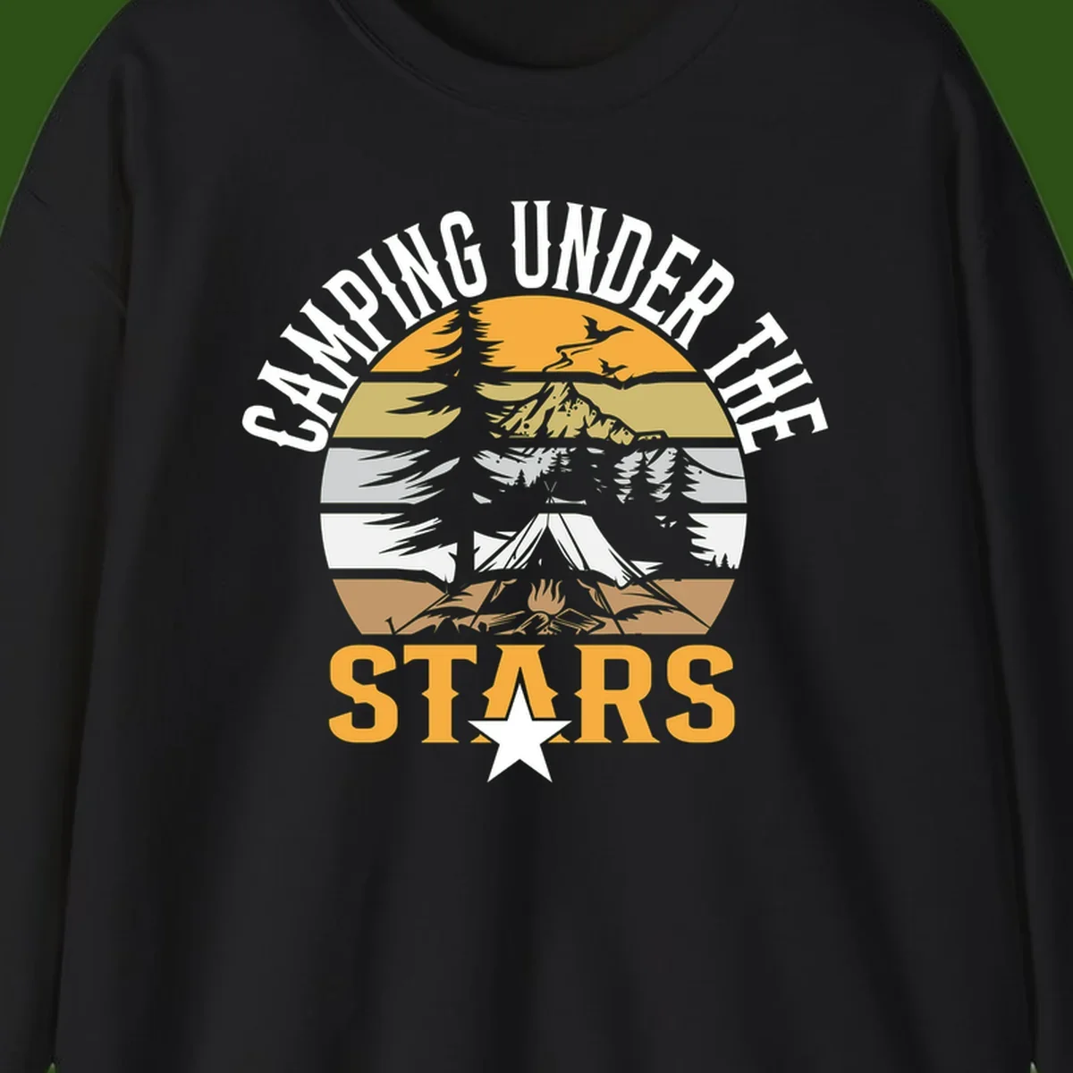 Circular camping badge design with tent, campfire, mountains, and forest under a golden sun, text reads 'Camping Under The Stars'