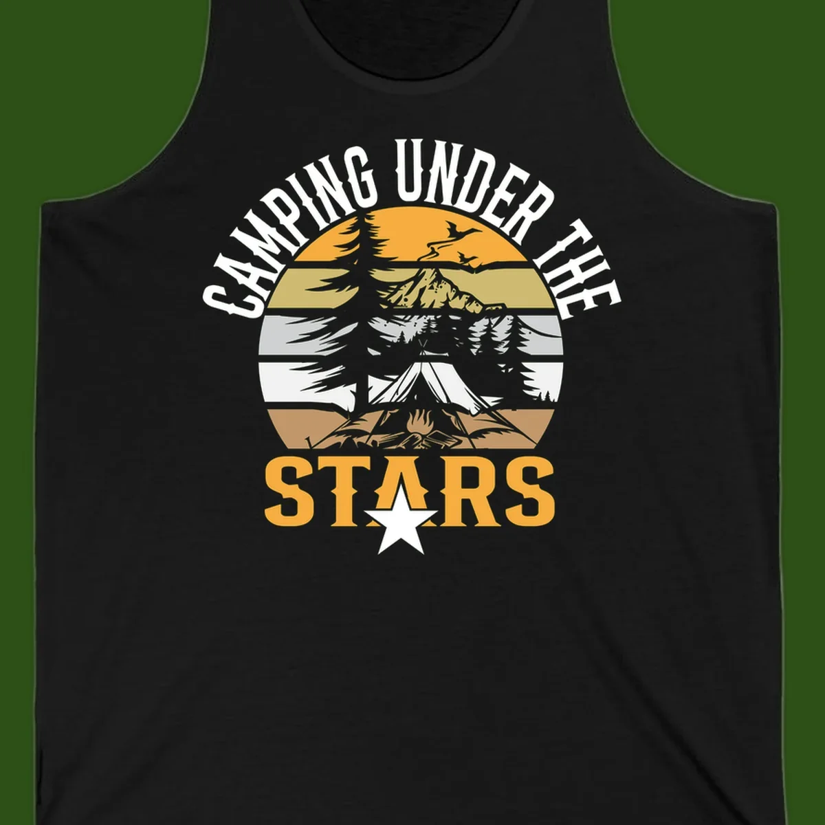 Circular camping badge design with tent, campfire, mountains, and forest under a golden sun, text reads 'Camping Under The Stars'