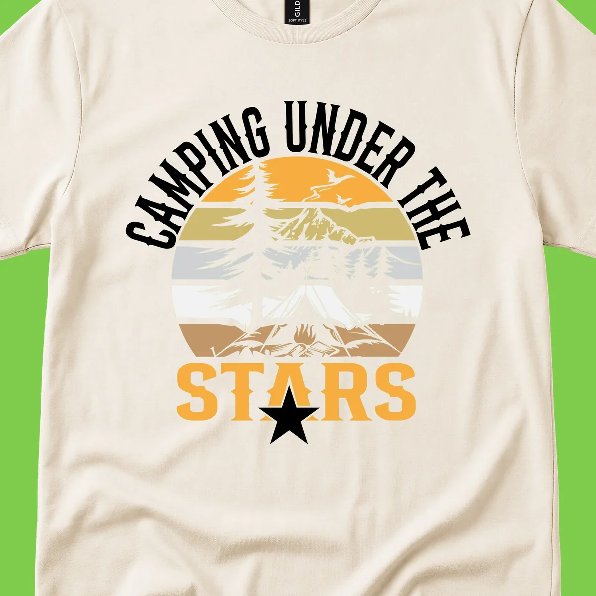 Circular camping badge design with tent, campfire, mountains, and forest under a golden sun, text reads 'Camping Under The Stars'
