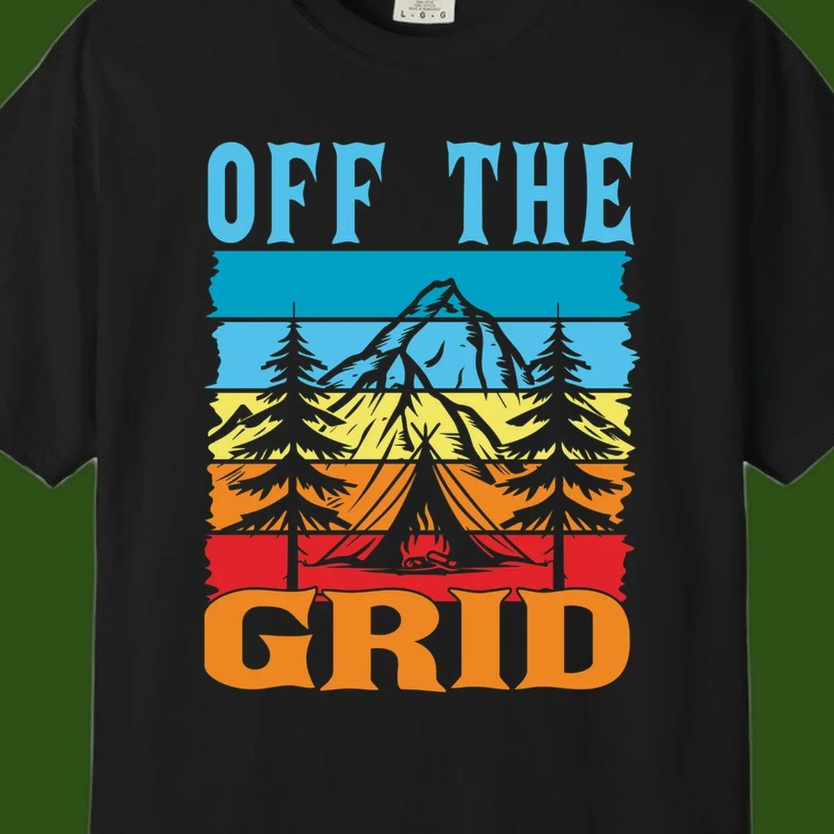 Colorful layered landscape illustration with tree, mountain, campfire, and roots design for off the grid camping shirt
