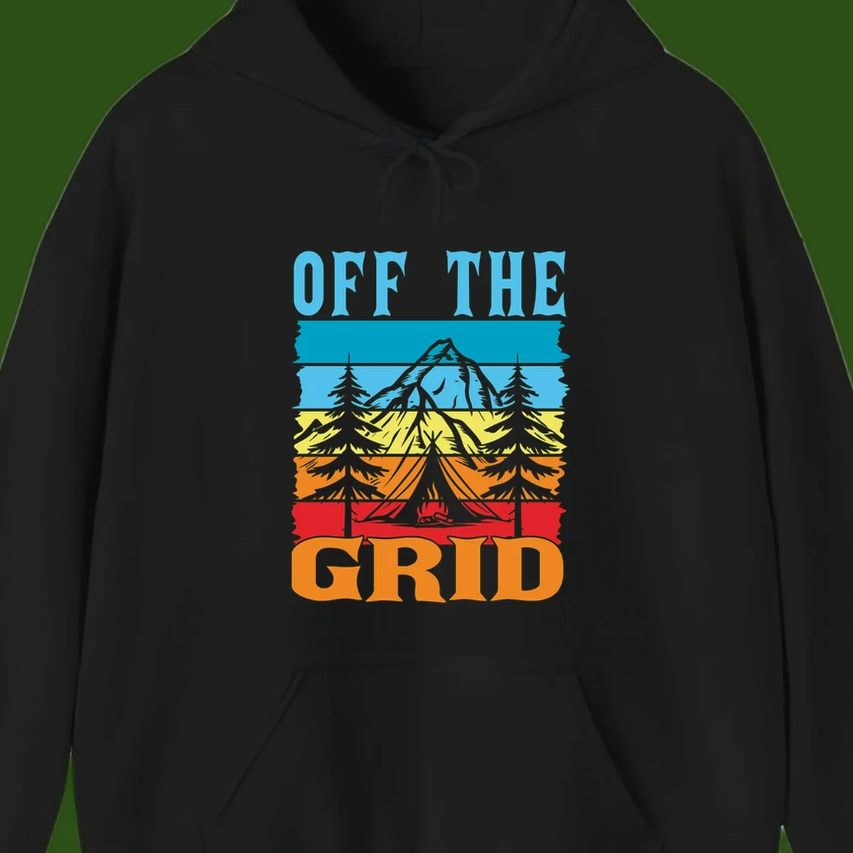 Colorful layered landscape illustration with tree, mountain, campfire, and roots design for off the grid camping shirt