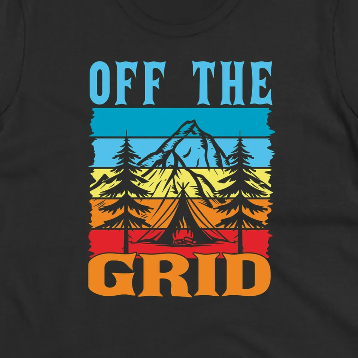 Colorful layered landscape illustration with tree, mountain, campfire, and roots design for off the grid camping shirt