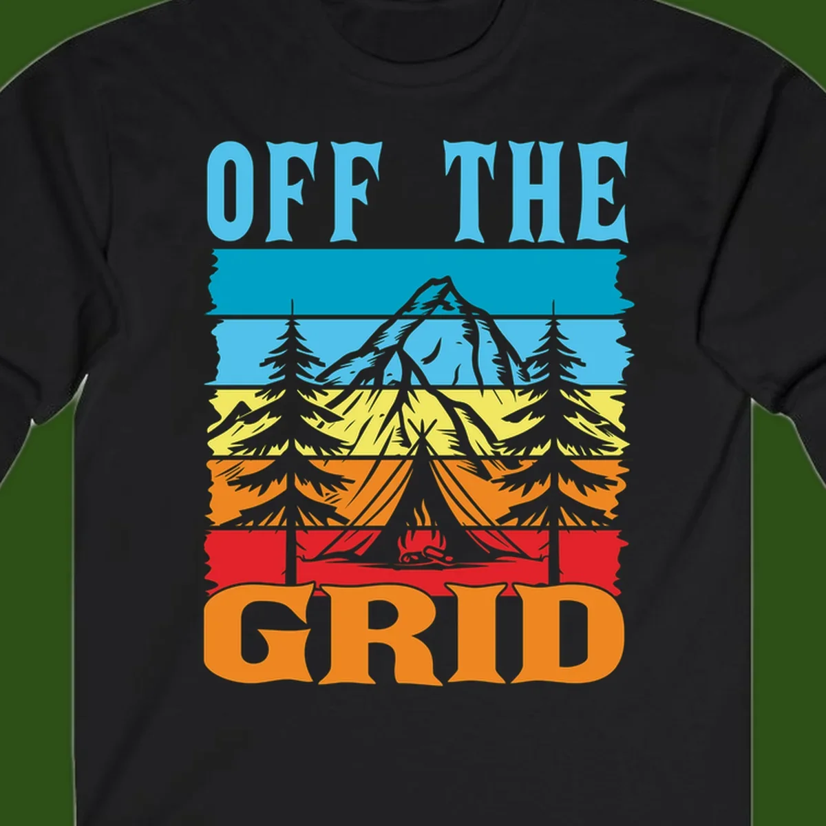 Colorful layered landscape illustration with tree, mountain, campfire, and roots design for off the grid camping shirt