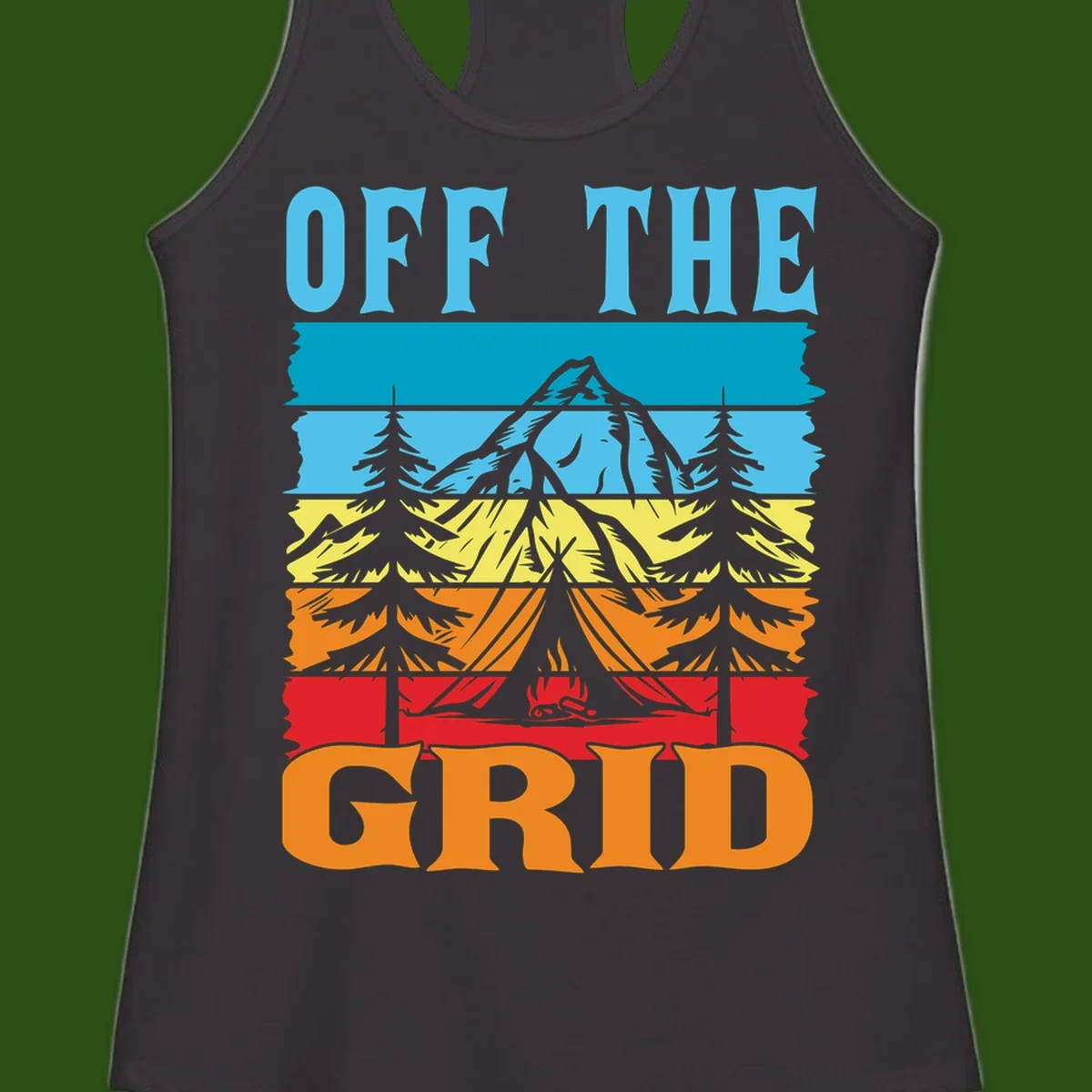 Colorful layered landscape illustration with tree, mountain, campfire, and roots design for off the grid camping shirt