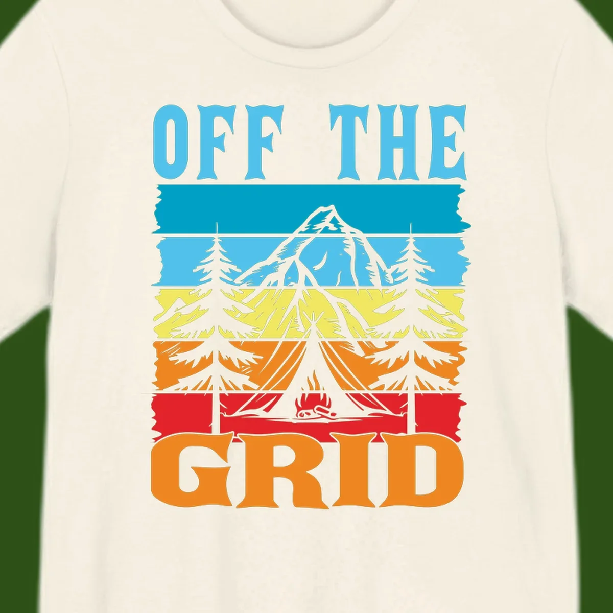 Colorful layered landscape illustration with tree, mountain, campfire, and roots design for off the grid camping shirt
