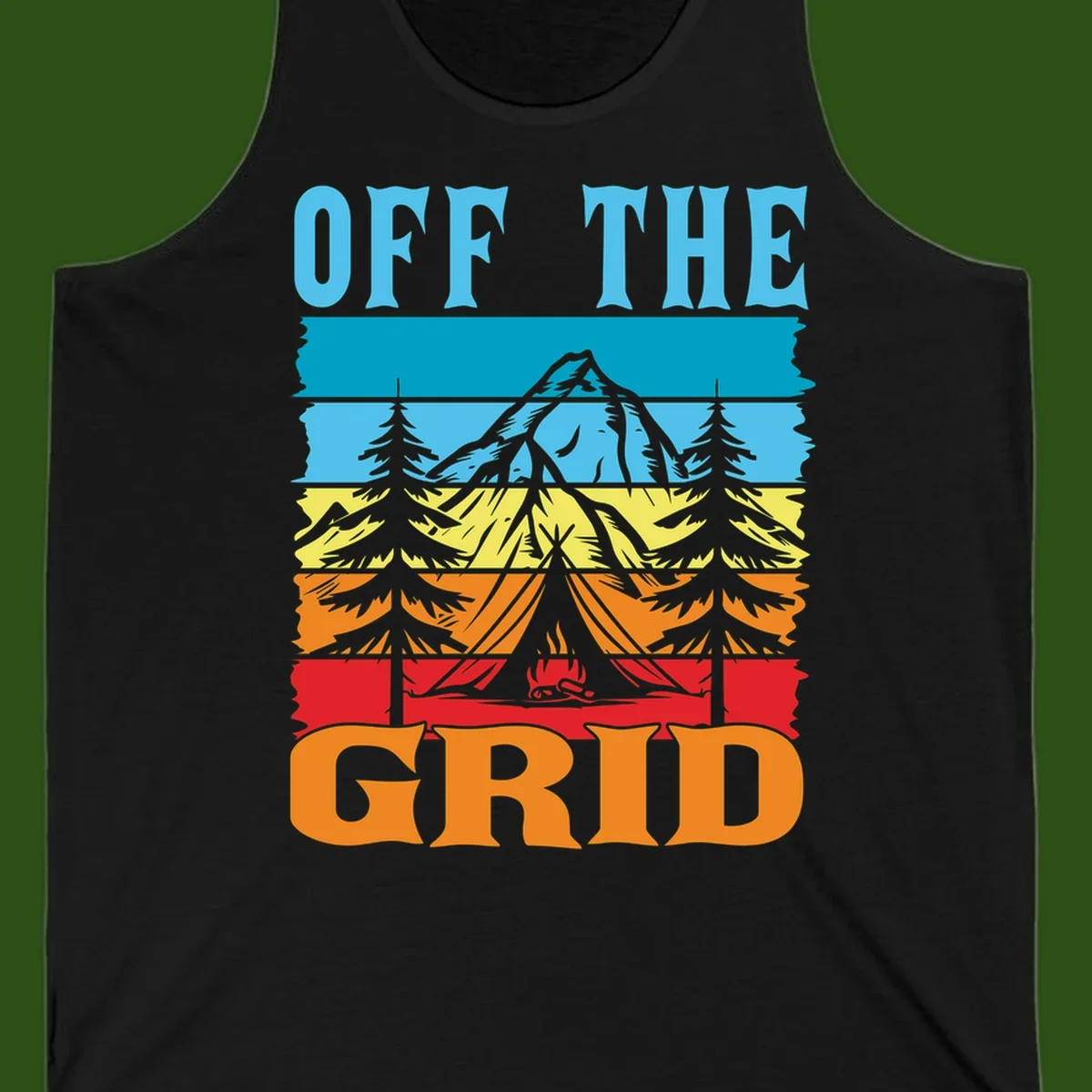 Colorful layered landscape illustration with tree, mountain, campfire, and roots design for off the grid camping shirt