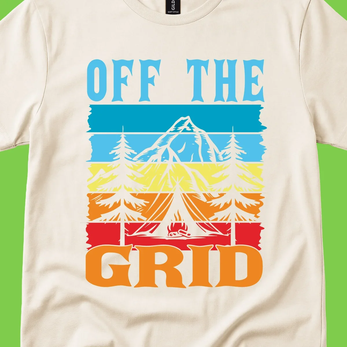 Colorful layered landscape illustration with tree, mountain, campfire, and roots design for off the grid camping shirt