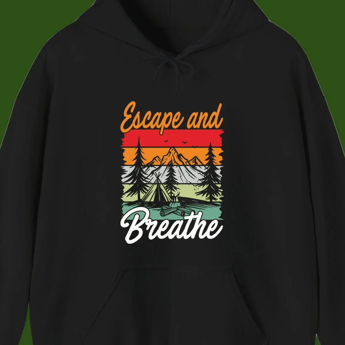 Escape and breathe camping design with layered wilderness landscape featuring mountains, forests, and timber silhouettes in horizontal color bands.