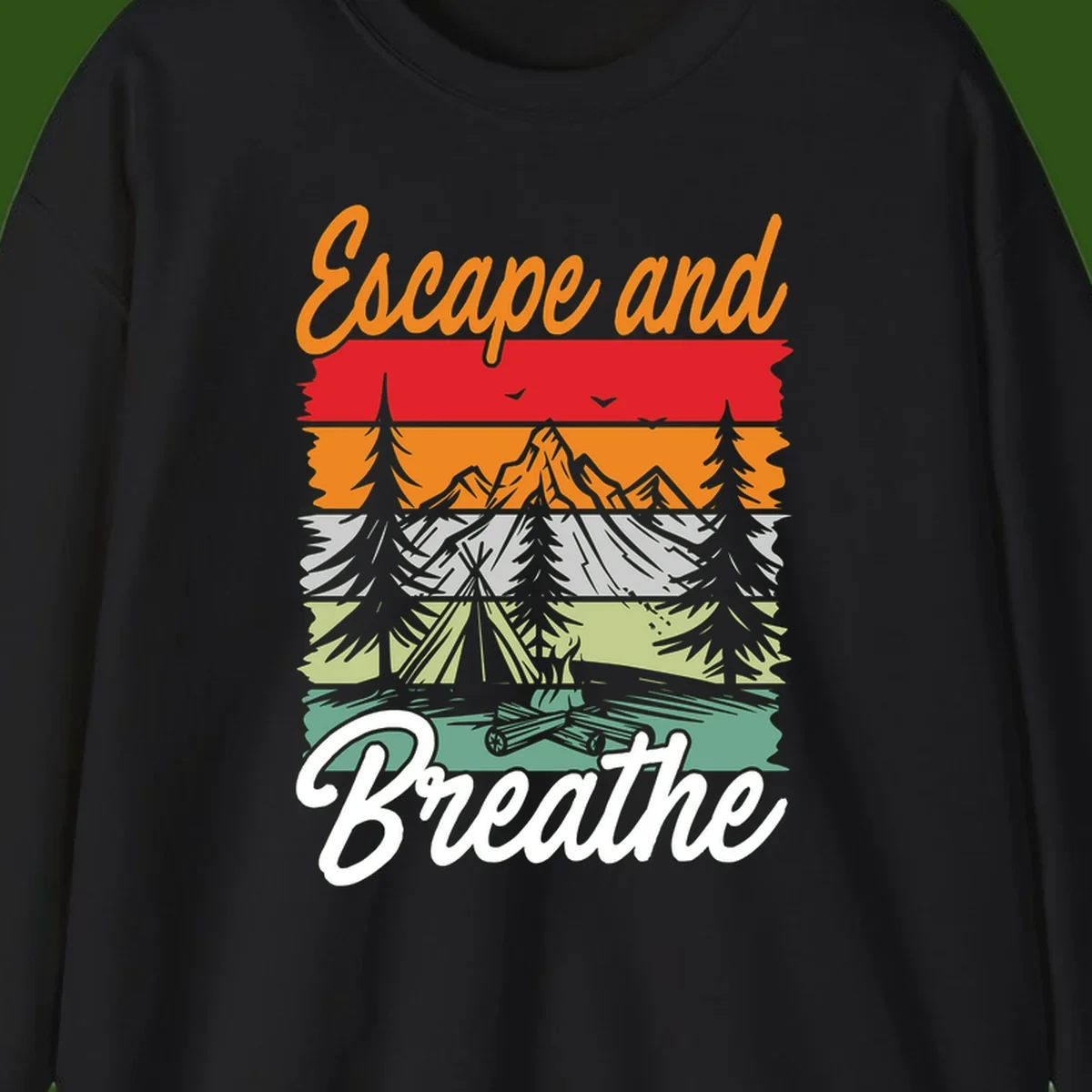 Escape and breathe camping design with layered wilderness landscape featuring mountains, forests, and timber silhouettes in horizontal color bands.