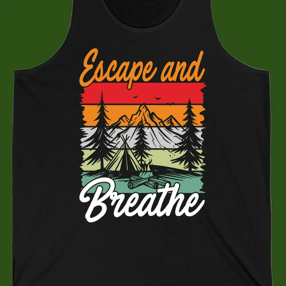 Escape and breathe camping design with layered wilderness landscape featuring mountains, forests, and timber silhouettes in horizontal color bands.
