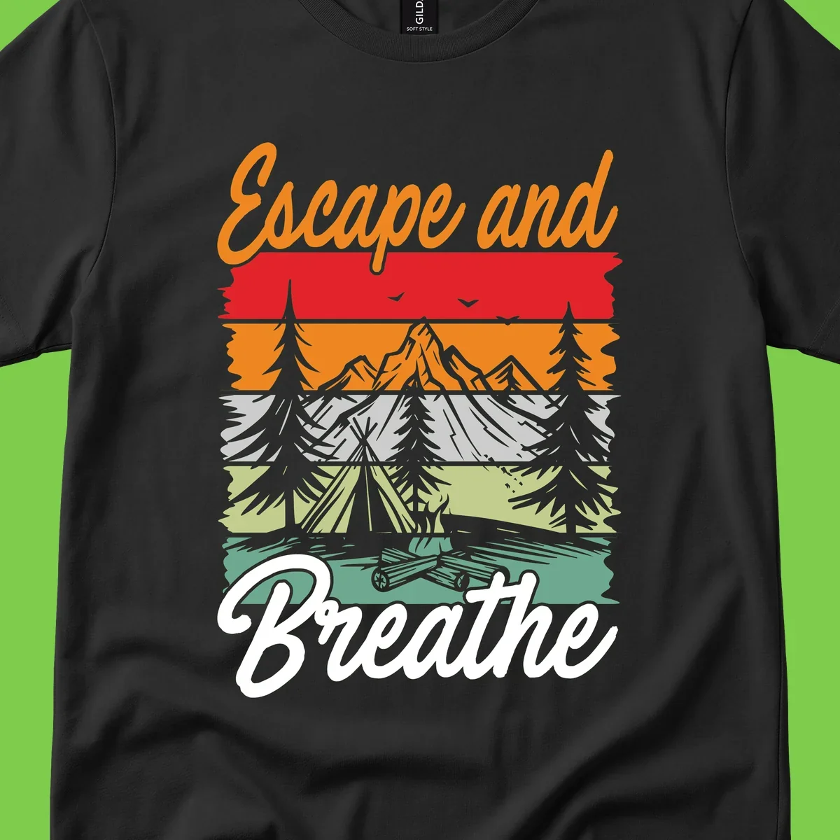Escape and breathe camping design with layered wilderness landscape featuring mountains, forests, and timber silhouettes in horizontal color bands.