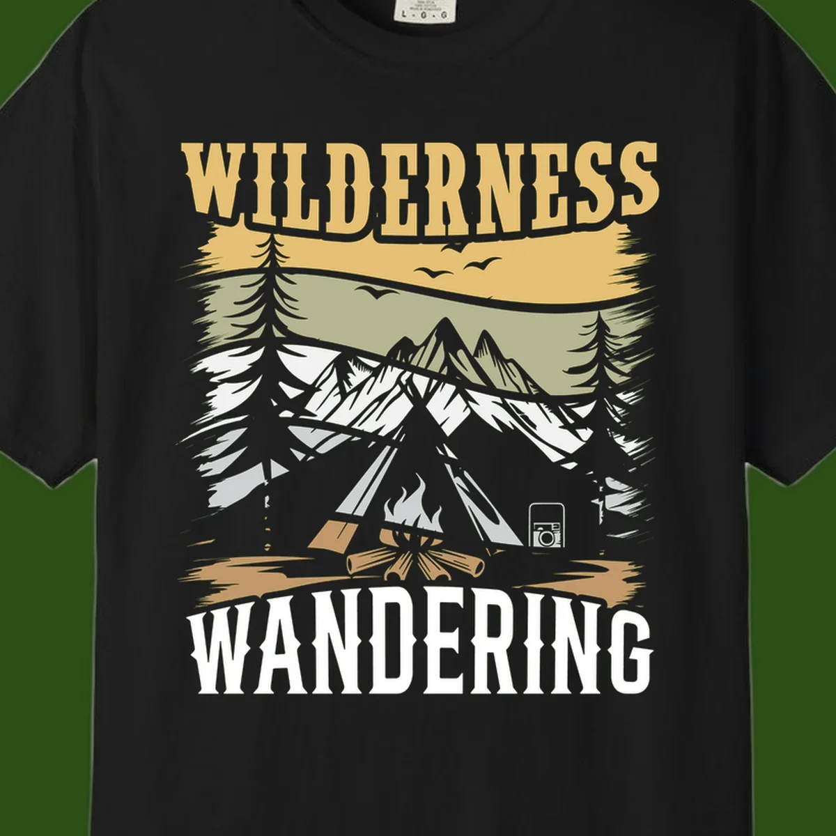Vintage wilderness wandering design featuring snow mountains, tent, campfire, and evergreen trees with layered landscape bands