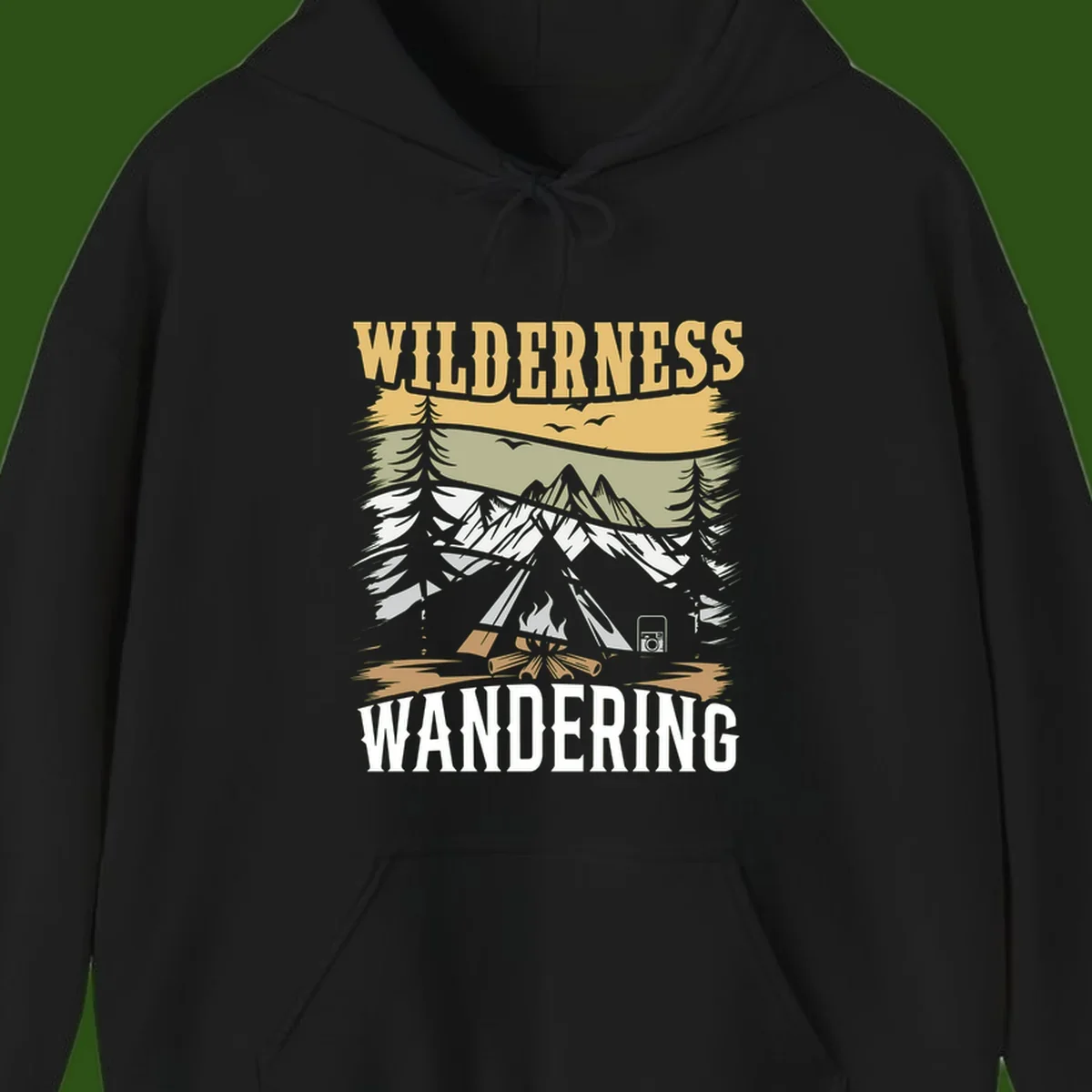Vintage wilderness wandering design featuring snow mountains, tent, campfire, and evergreen trees with layered landscape bands