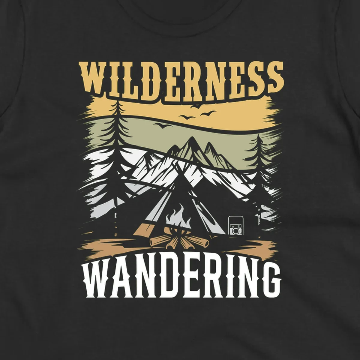 Vintage wilderness wandering design featuring snow mountains, tent, campfire, and evergreen trees with layered landscape bands