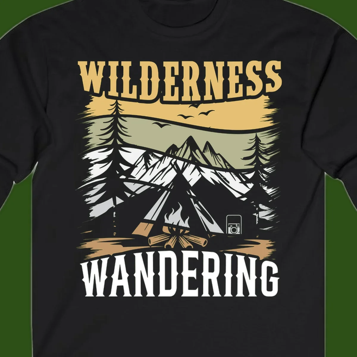 Vintage wilderness wandering design featuring snow mountains, tent, campfire, and evergreen trees with layered landscape bands