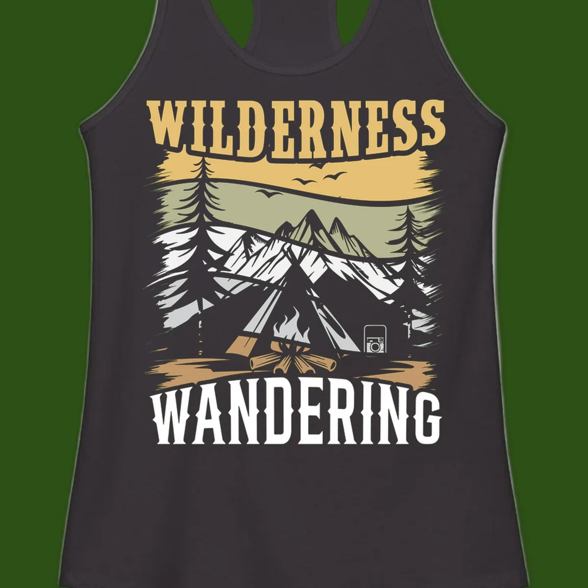 Vintage wilderness wandering design featuring snow mountains, tent, campfire, and evergreen trees with layered landscape bands